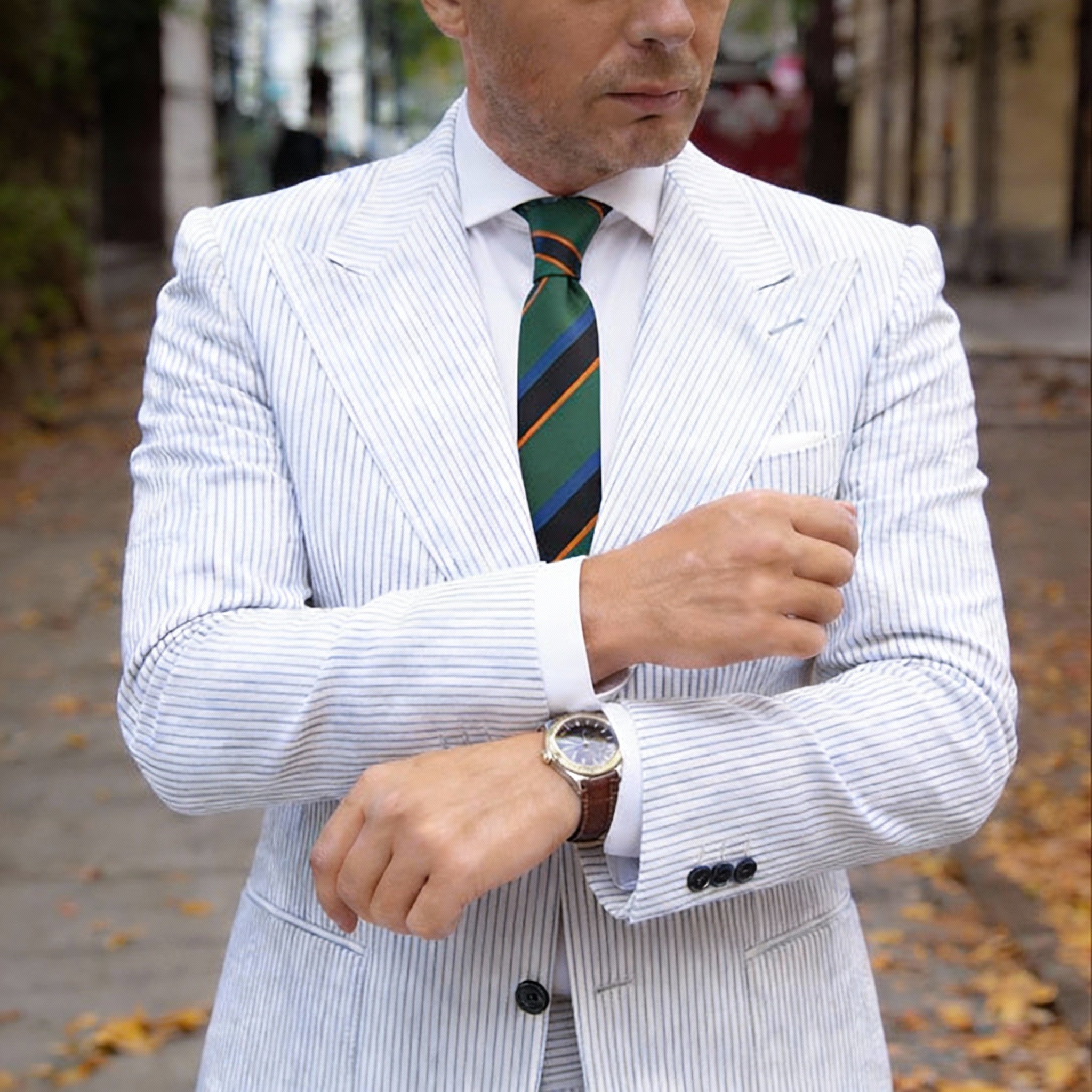 Green With Blue Black Orange Striped Necktie