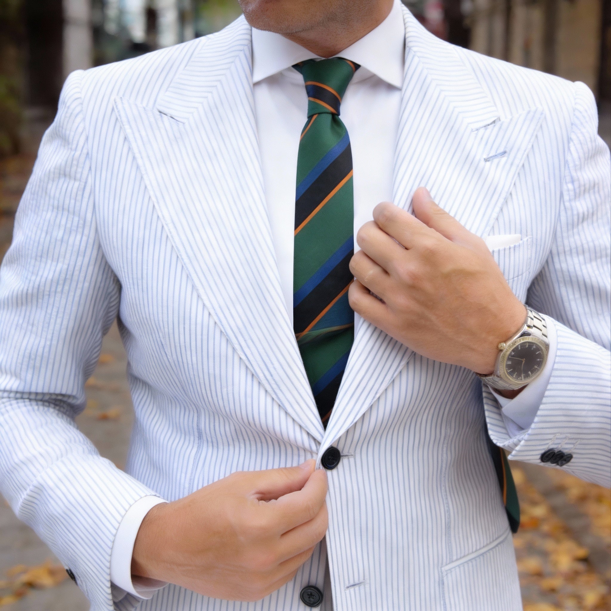 Green With Blue Black Orange Striped Necktie