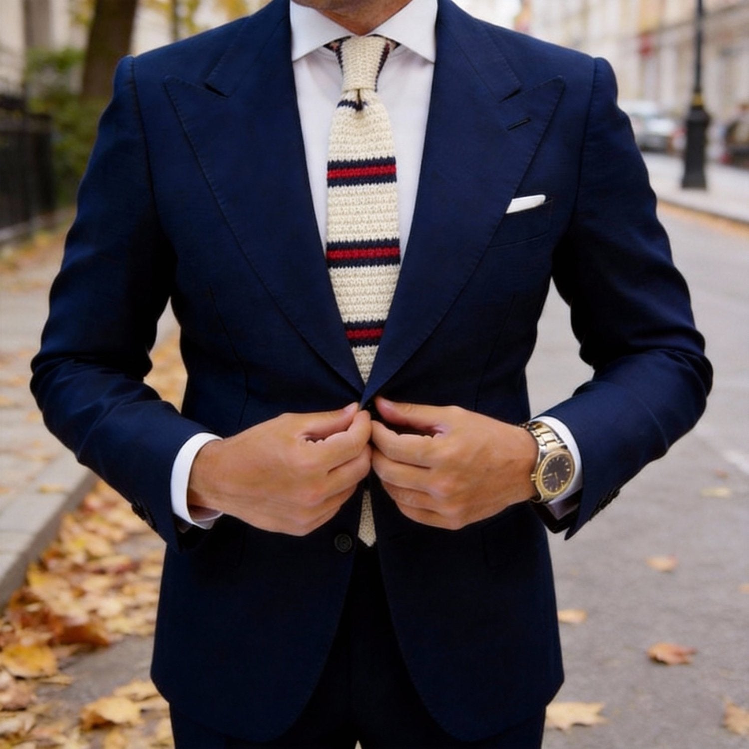 White With Red And Navy Blue Stripes Necktie