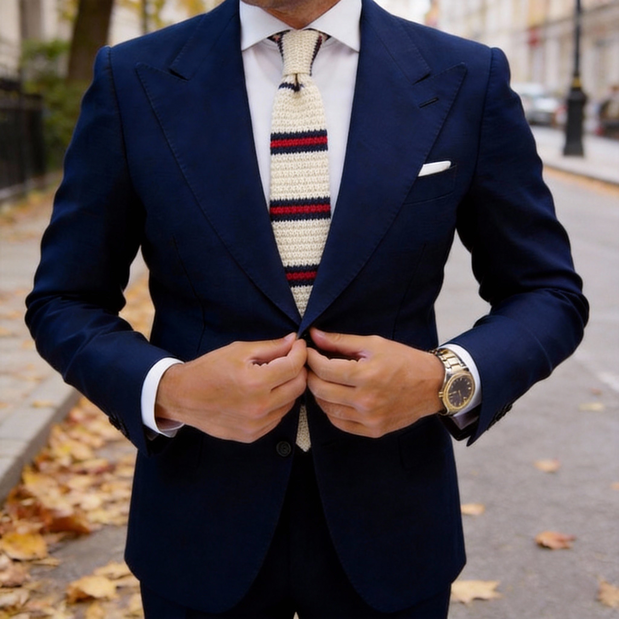 White With Red And Navy Blue Stripes Necktie