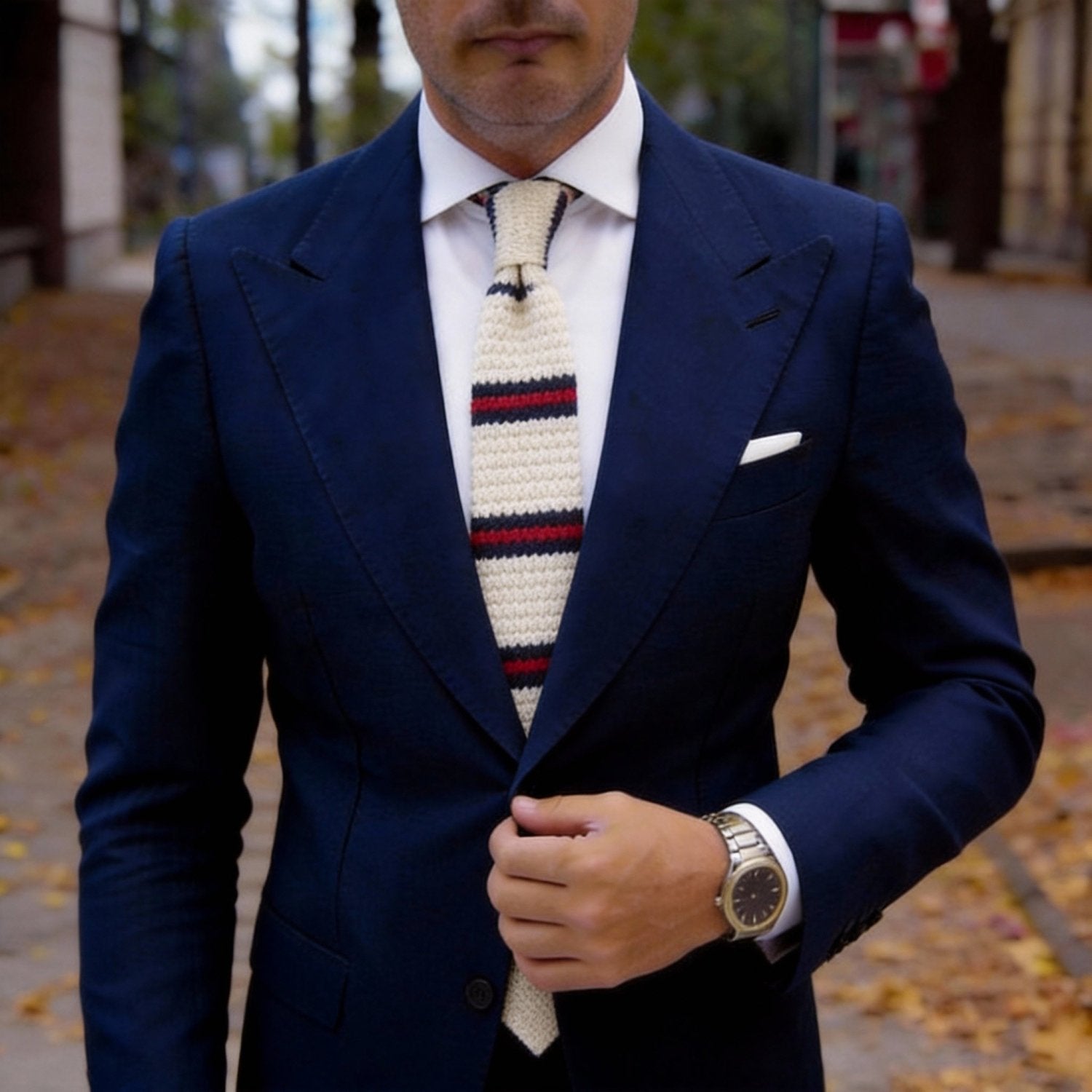 White With Red And Navy Blue Stripes Necktie