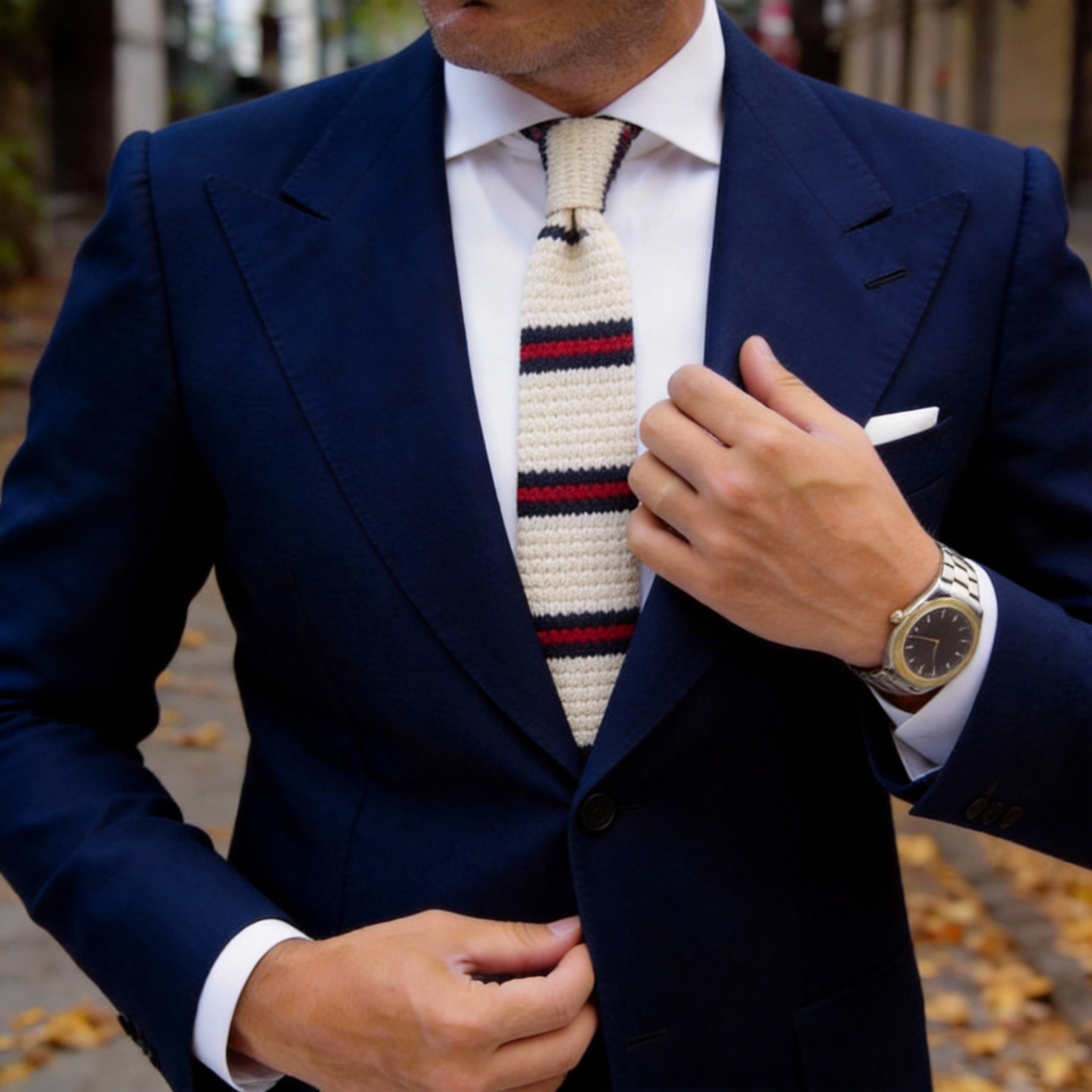 White With Red And Navy Blue Stripes Necktie