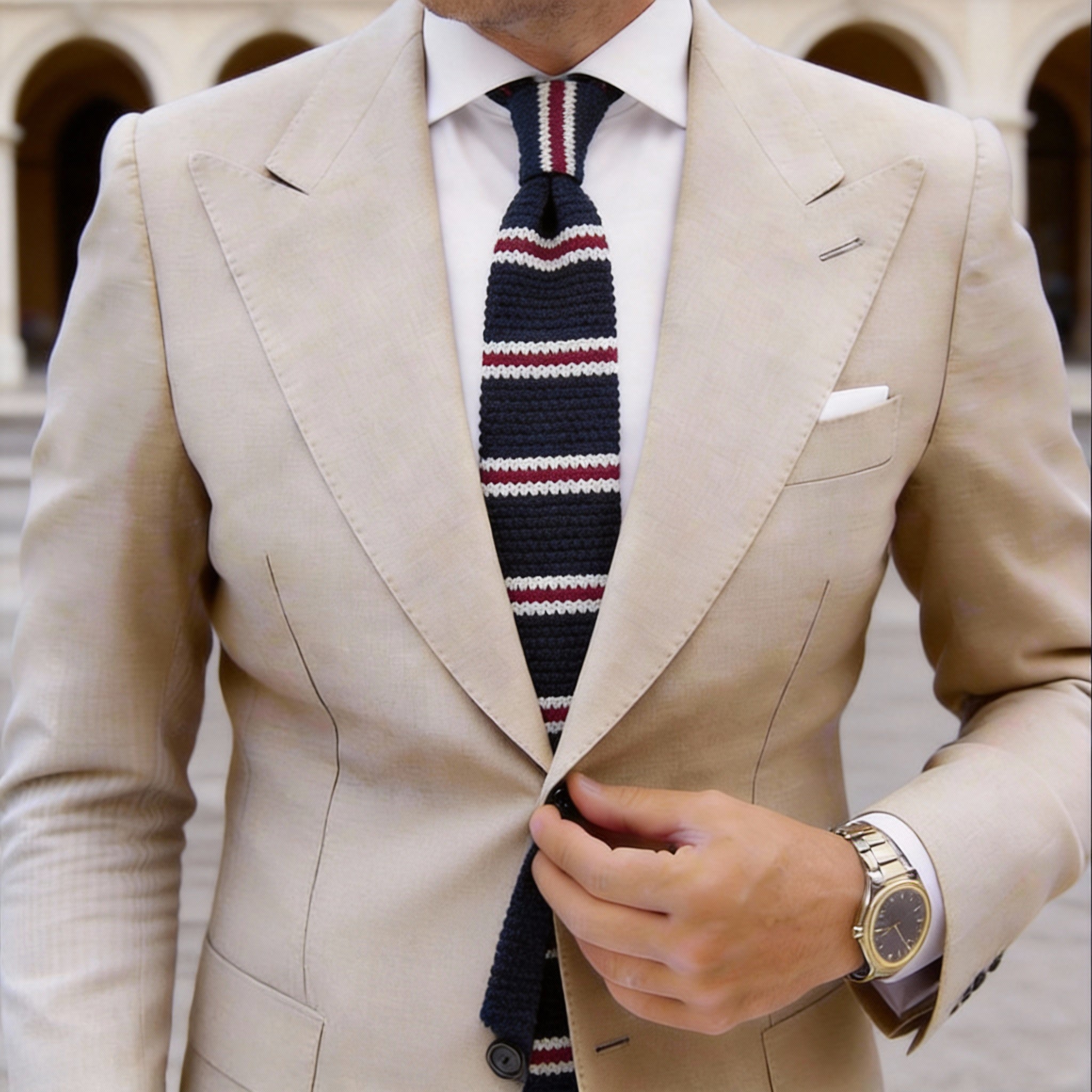 Navy With Red And White Stripes Knitted Necktie