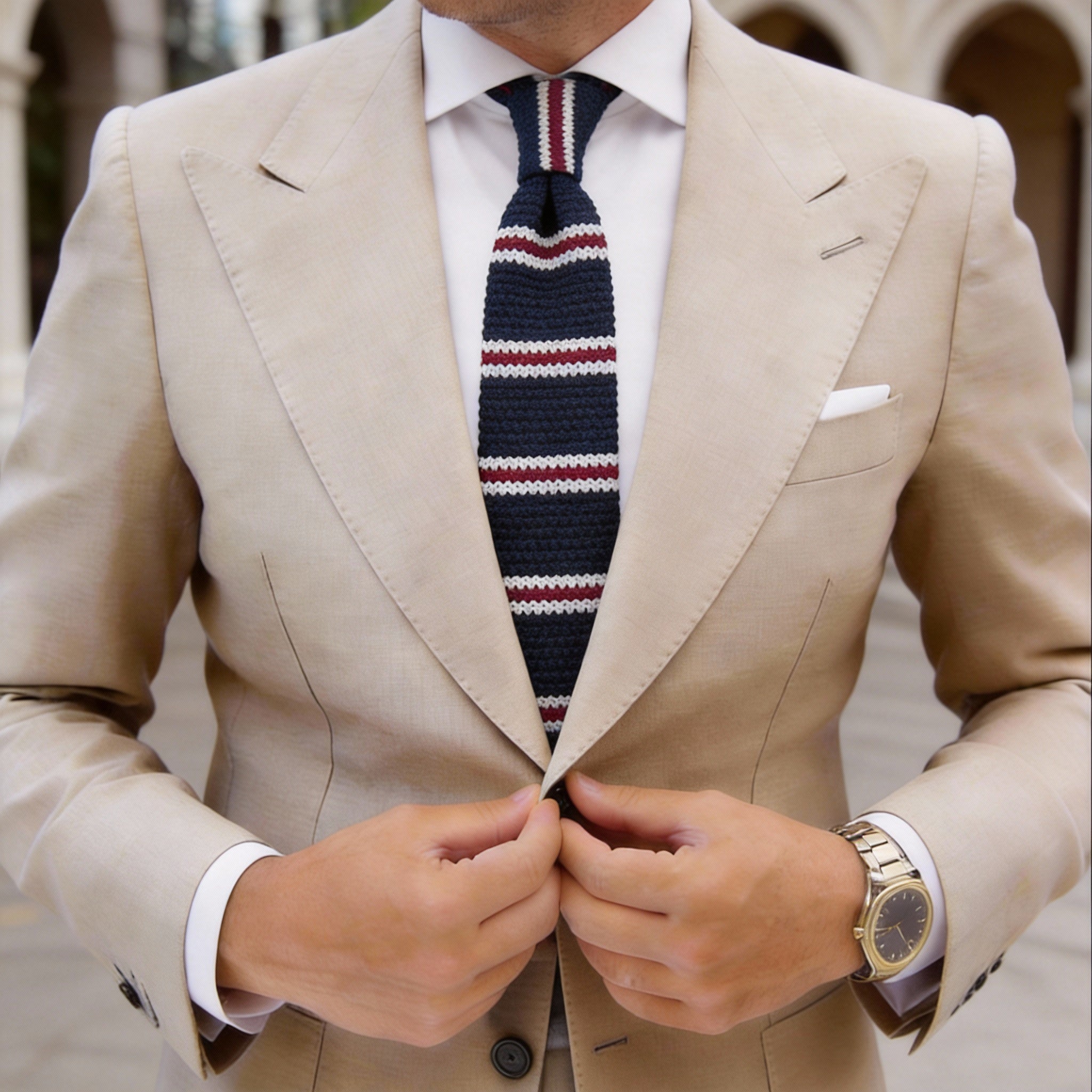 Navy With Red And White Stripes Knitted Necktie