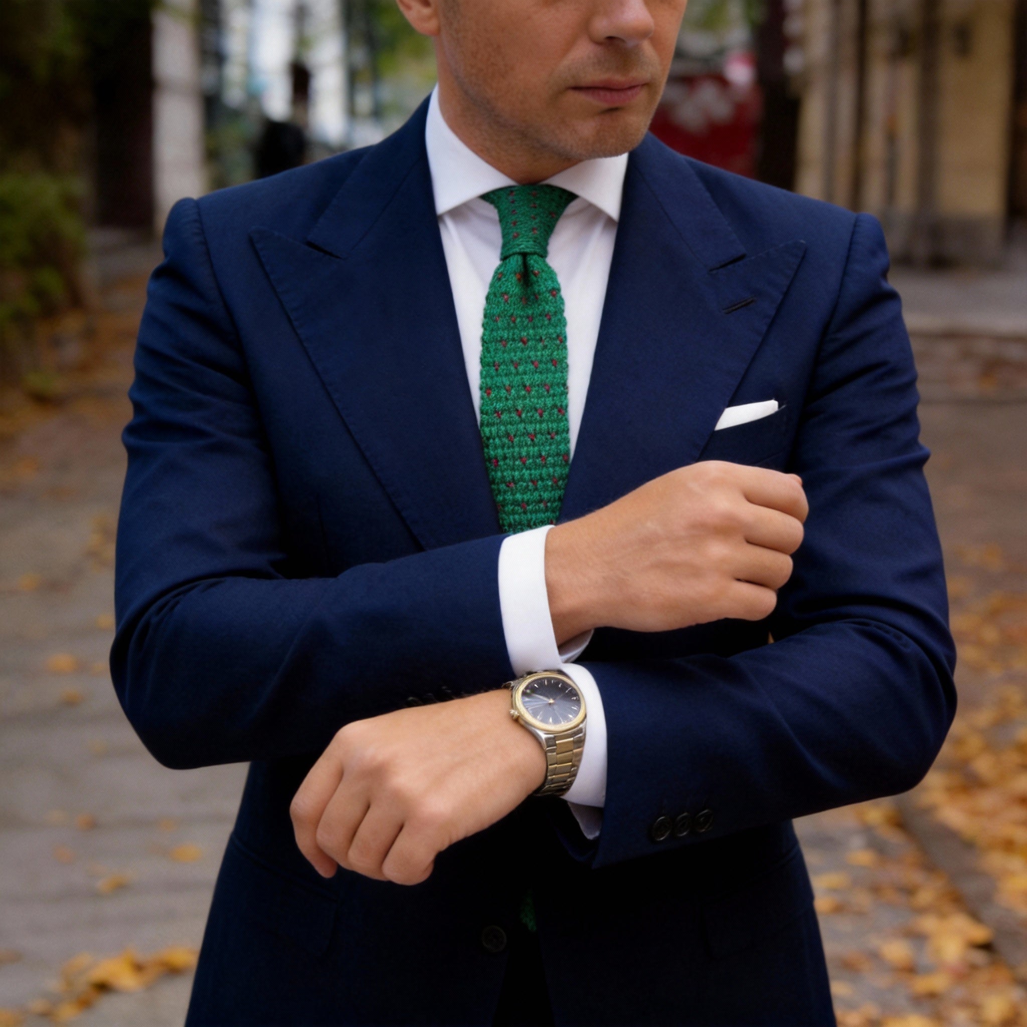 Green Necktie With Red Heart Patterns