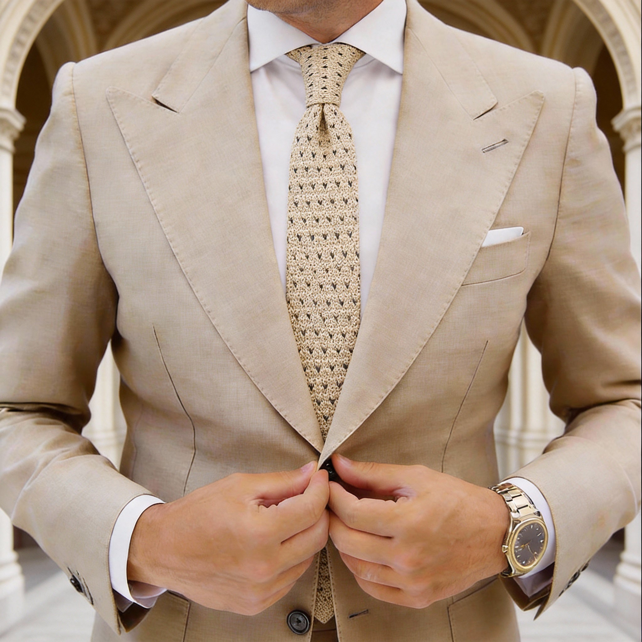Beige Knitted Necktie With Black Dots