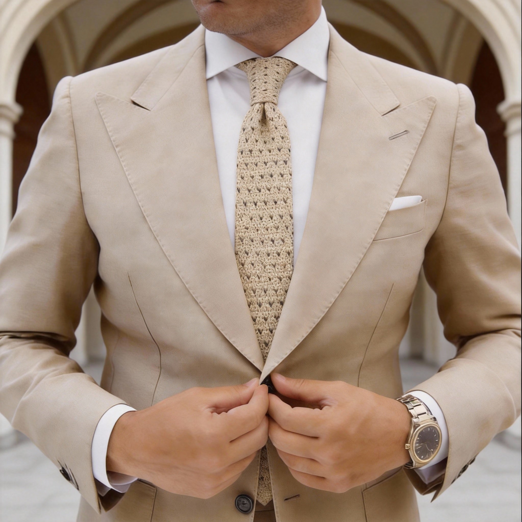 Beige Knitted Necktie With Black Dots