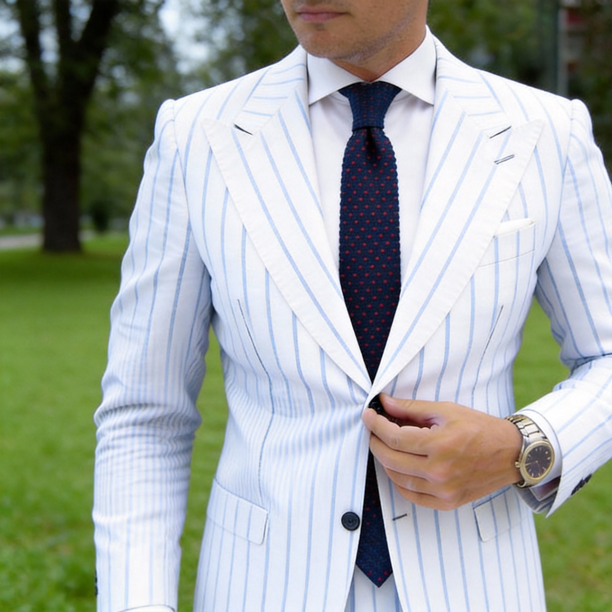 Navy Blue Necktie With Red Geometric Patterns