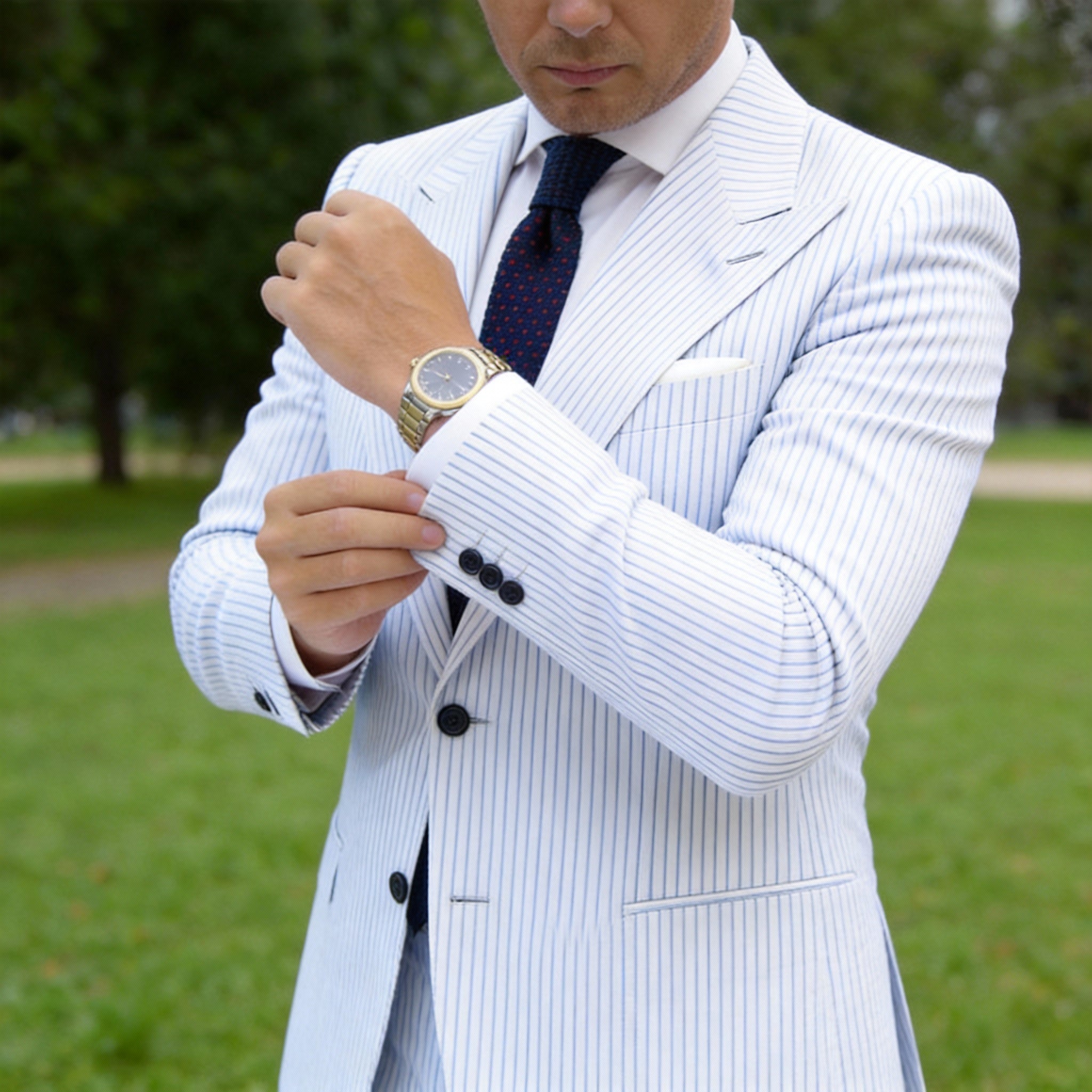 Navy Blue Necktie With Red Geometric Patterns