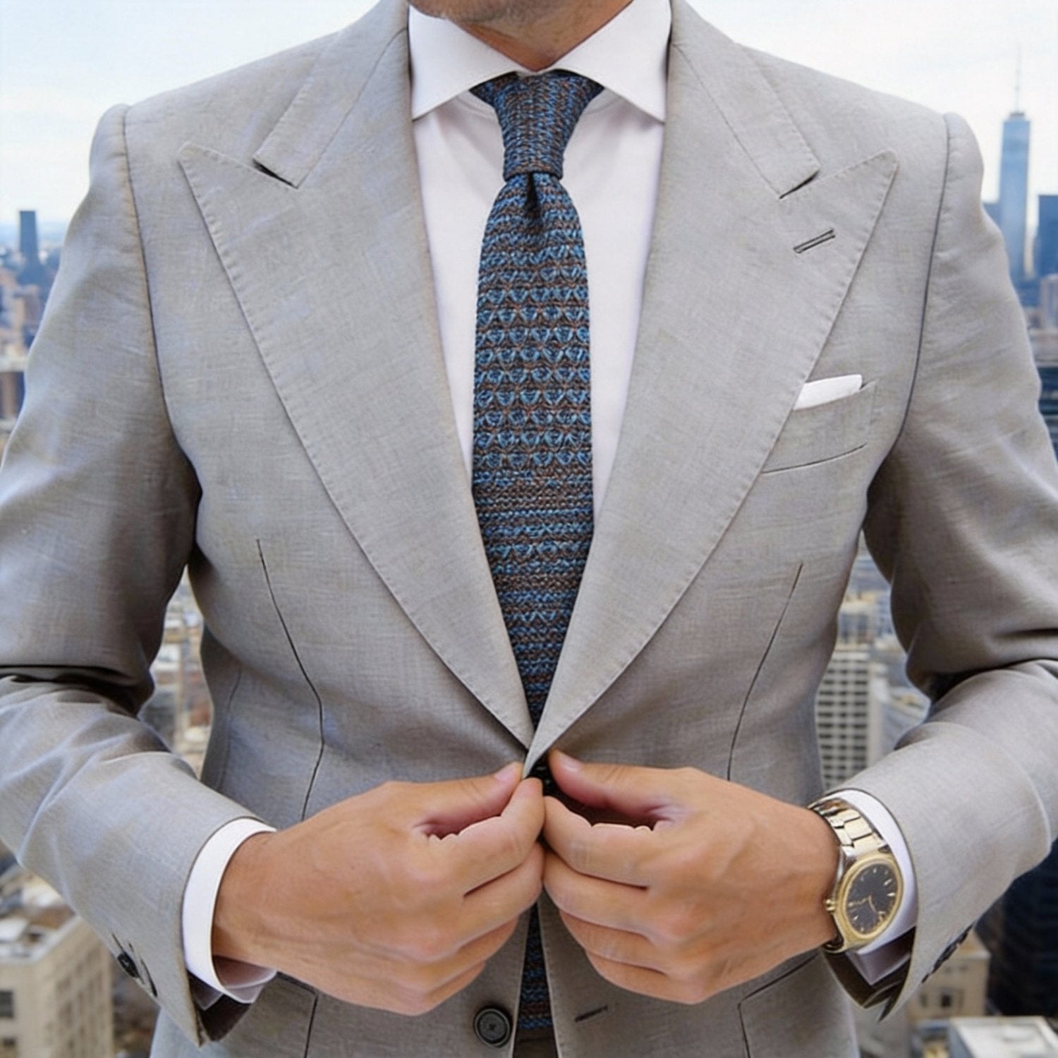 Brown with Blue Geometric Pattern Necktie