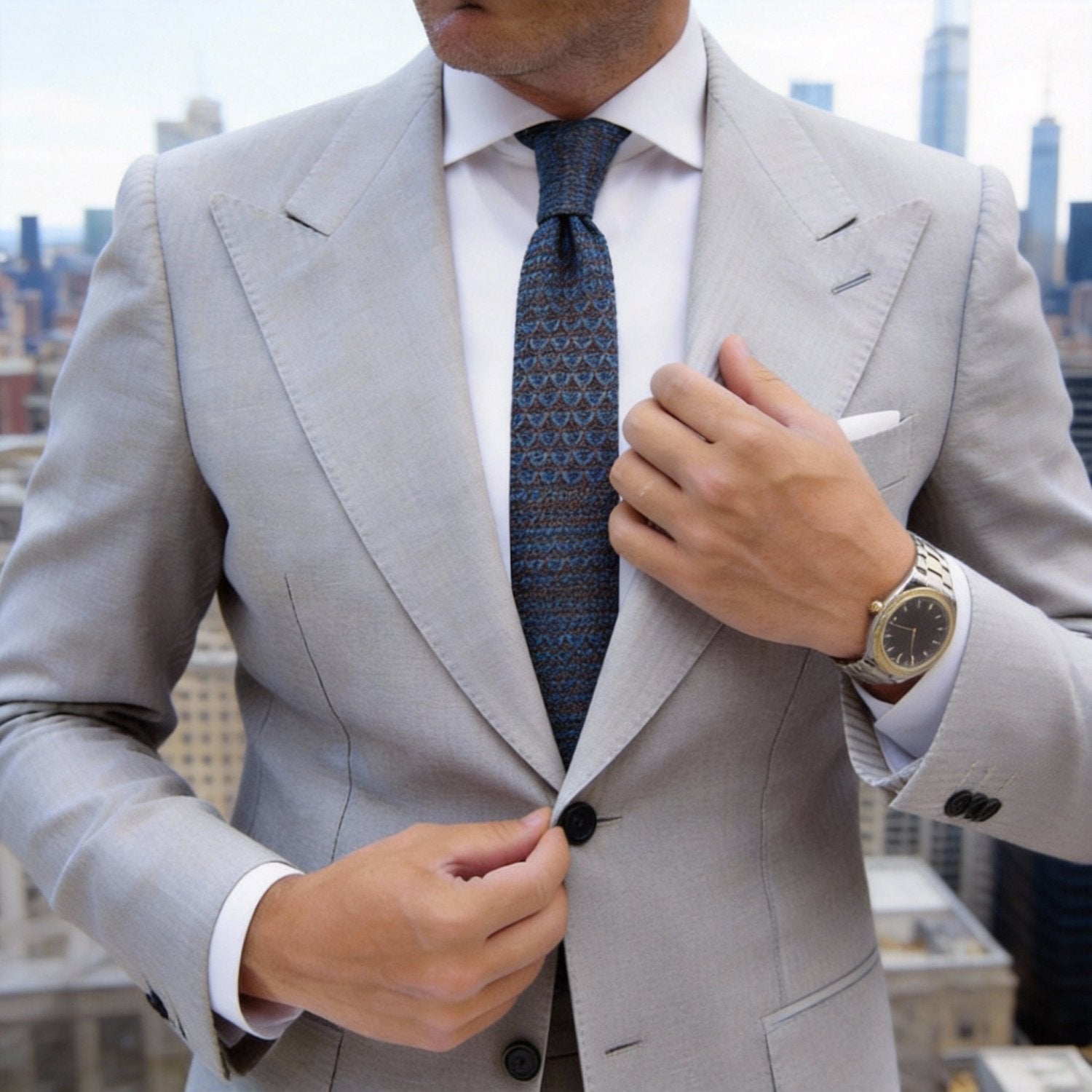 Brown with Blue Geometric Pattern Necktie