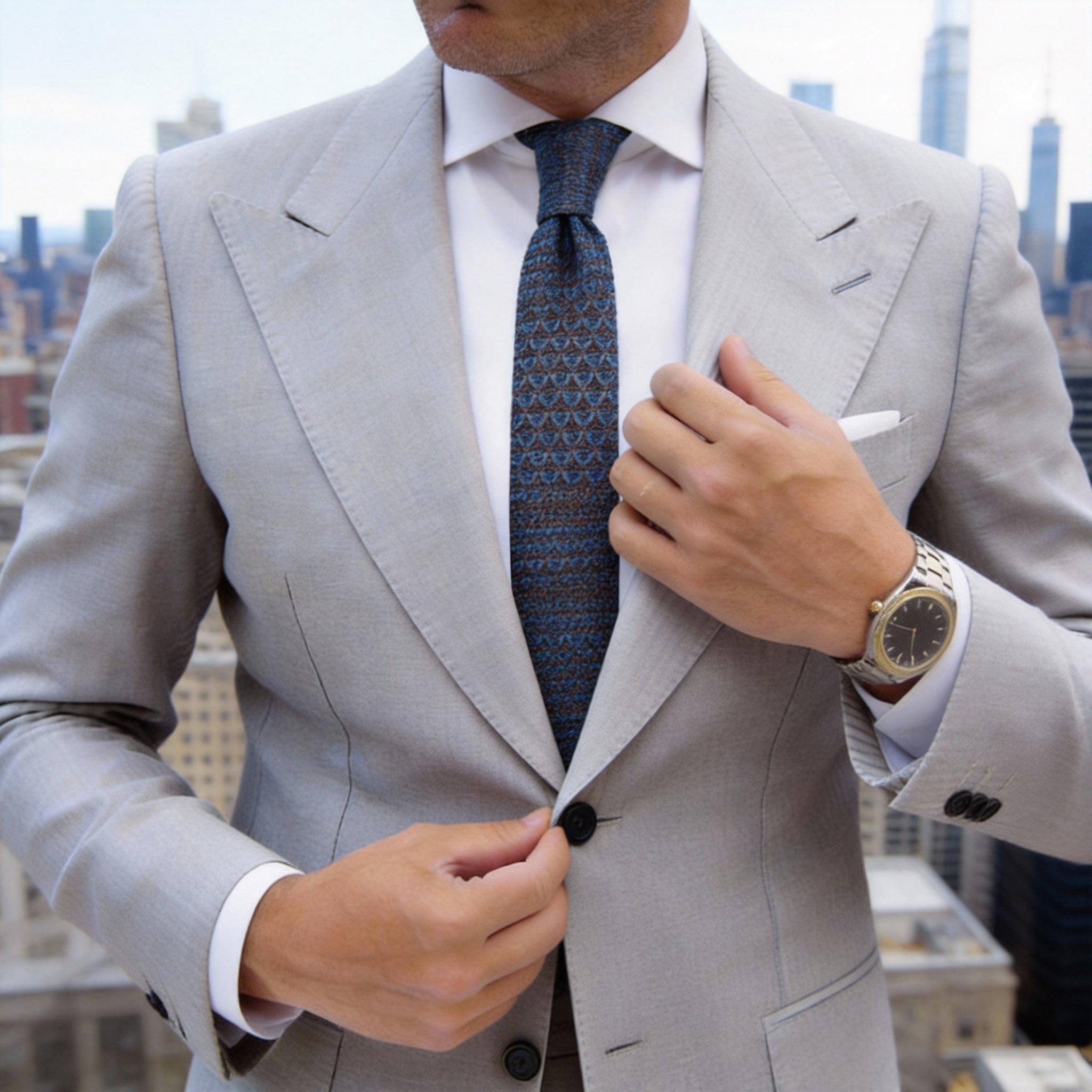 Brown with Blue Geometric Pattern Necktie