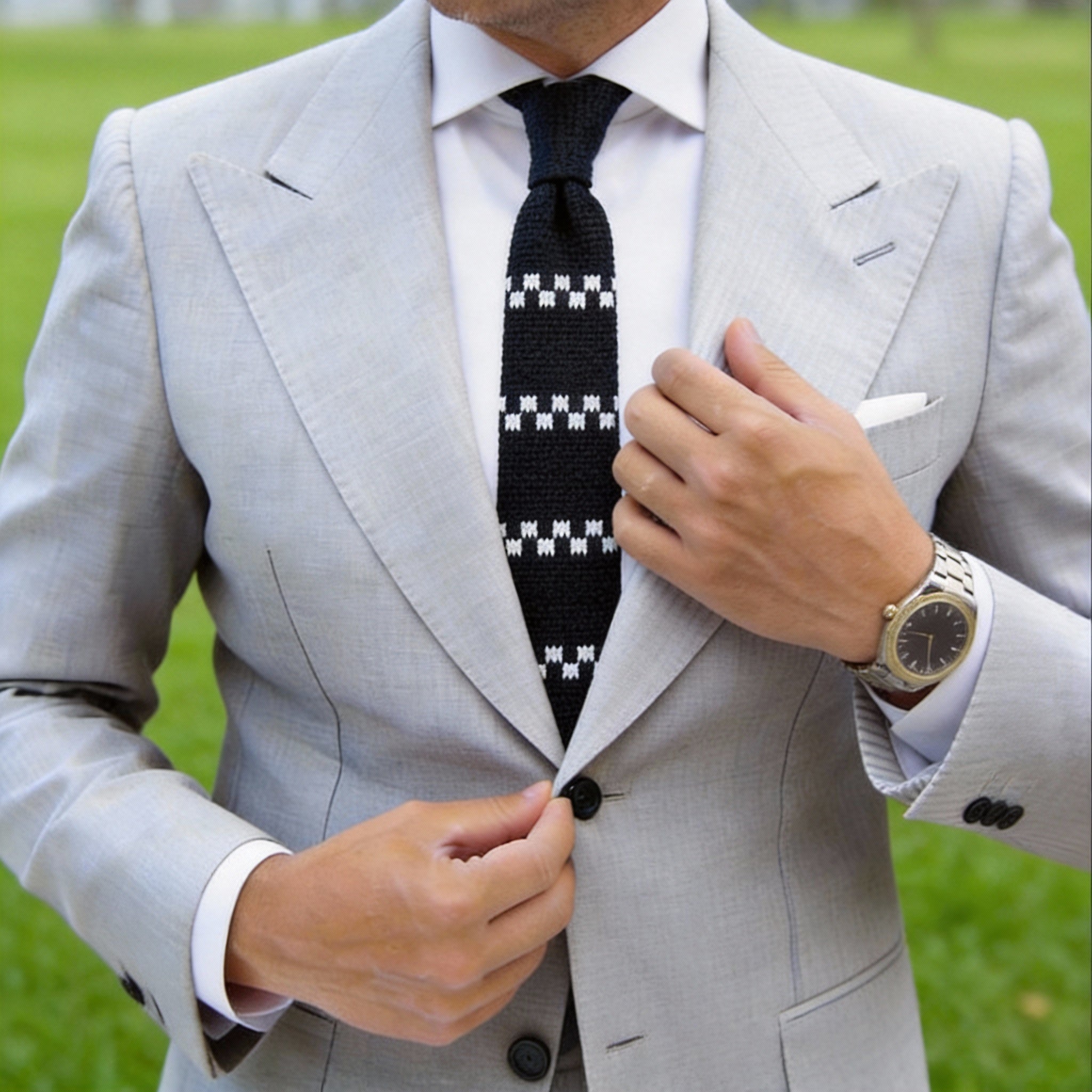 Black With White Checked Stripes Necktie