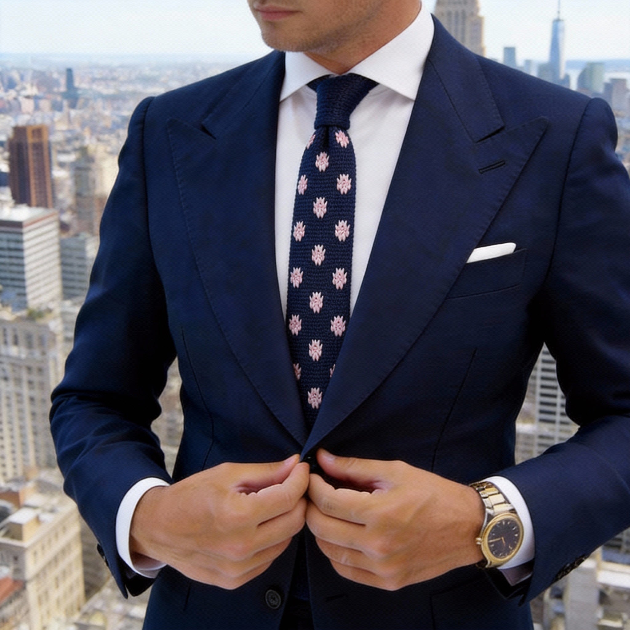 Navy Blue With White Lotus-Like Floral Necktie