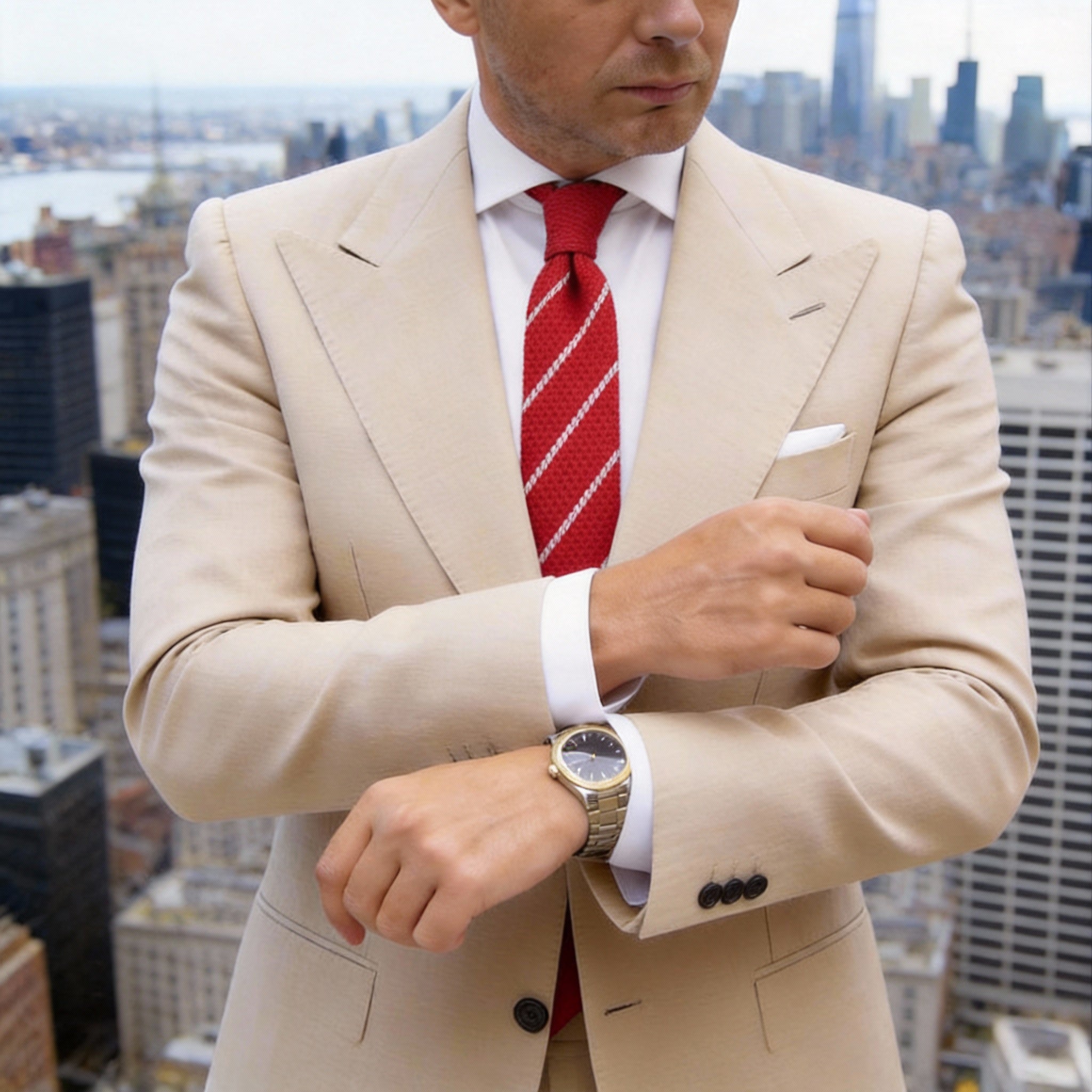 Red with White Diagonal Dashed Stripes Necktie