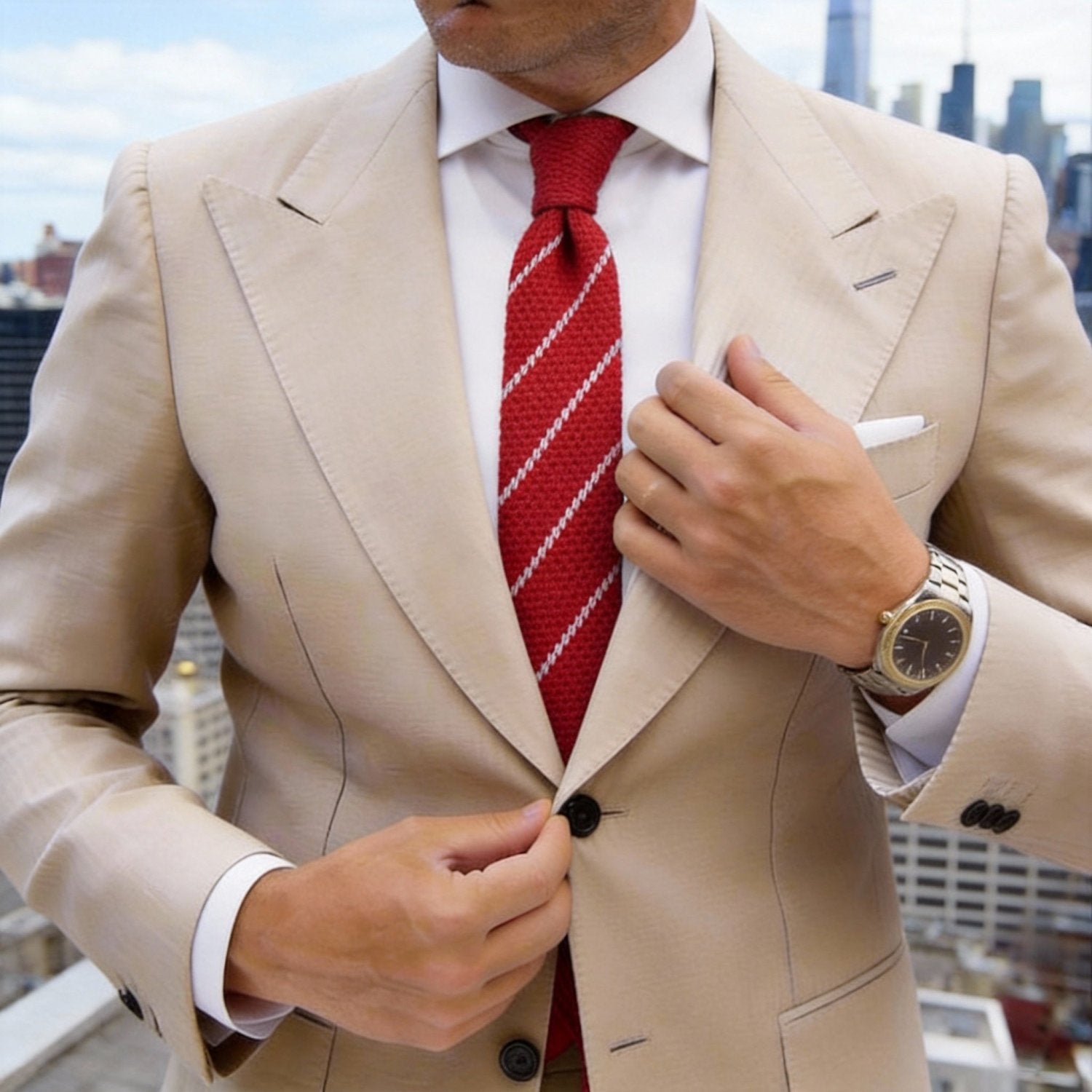 Red with White Diagonal Dashed Stripes Necktie