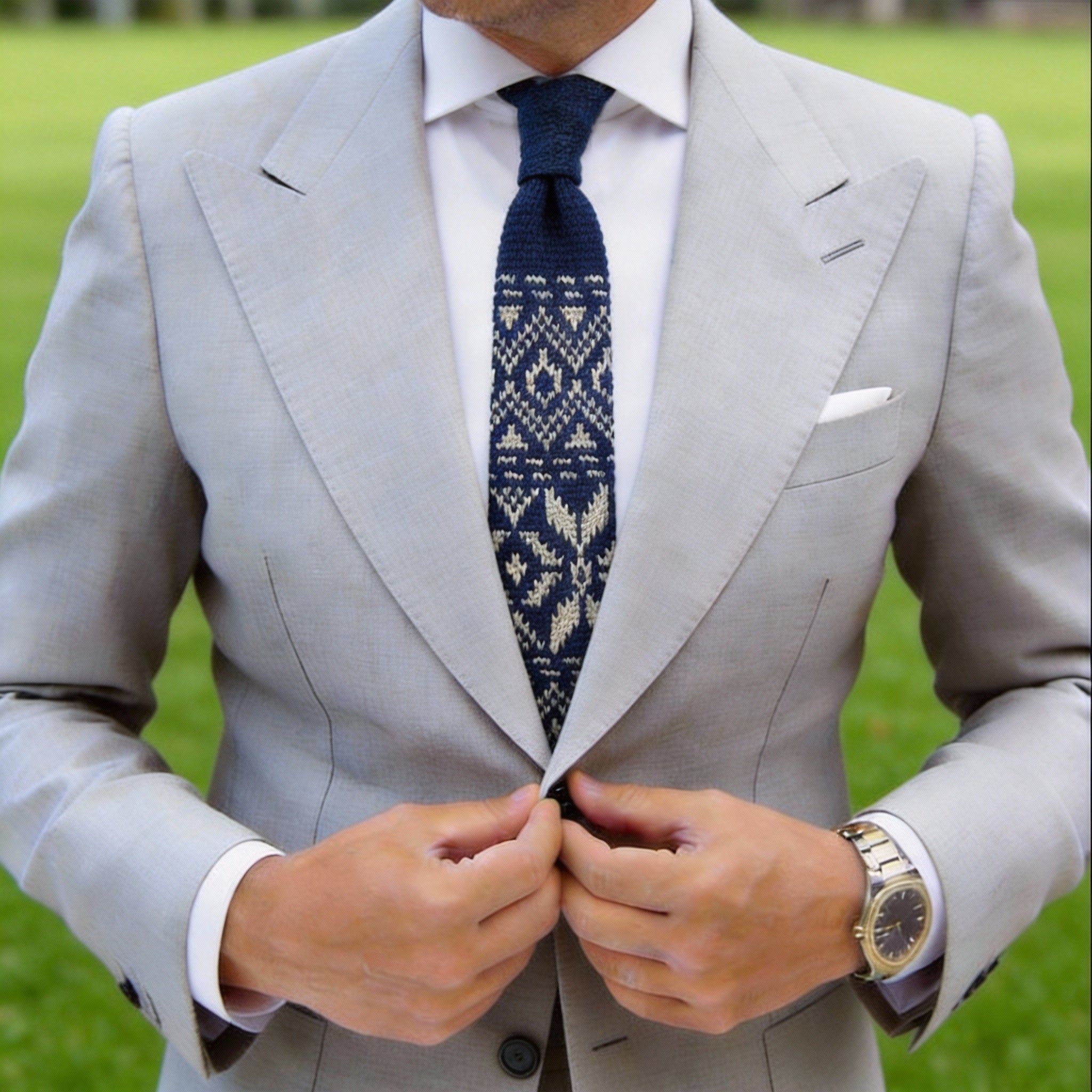 Navy Blue with Beige Geometric Necktie
