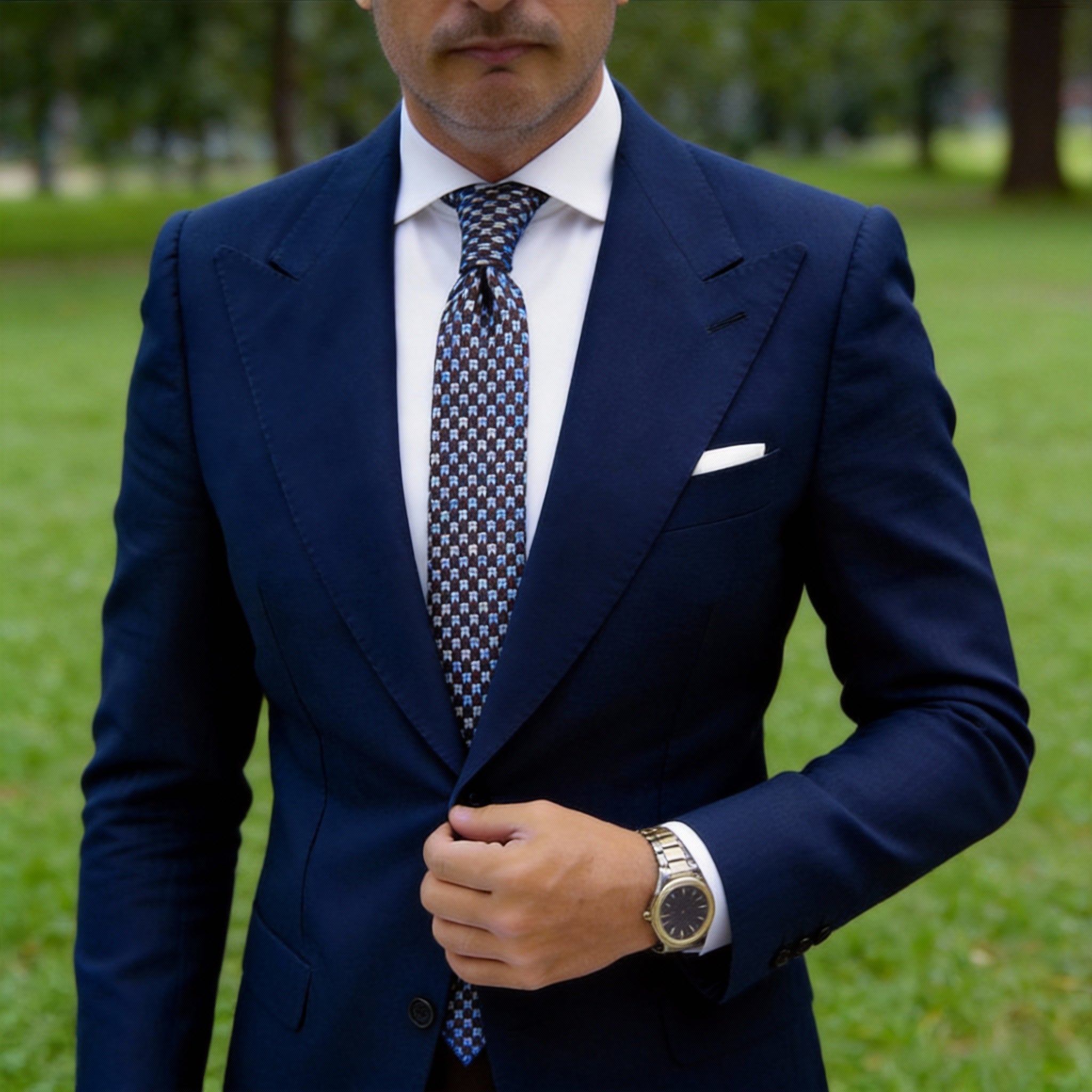 Dark Brown with Blue & White Houndstooth Necktie