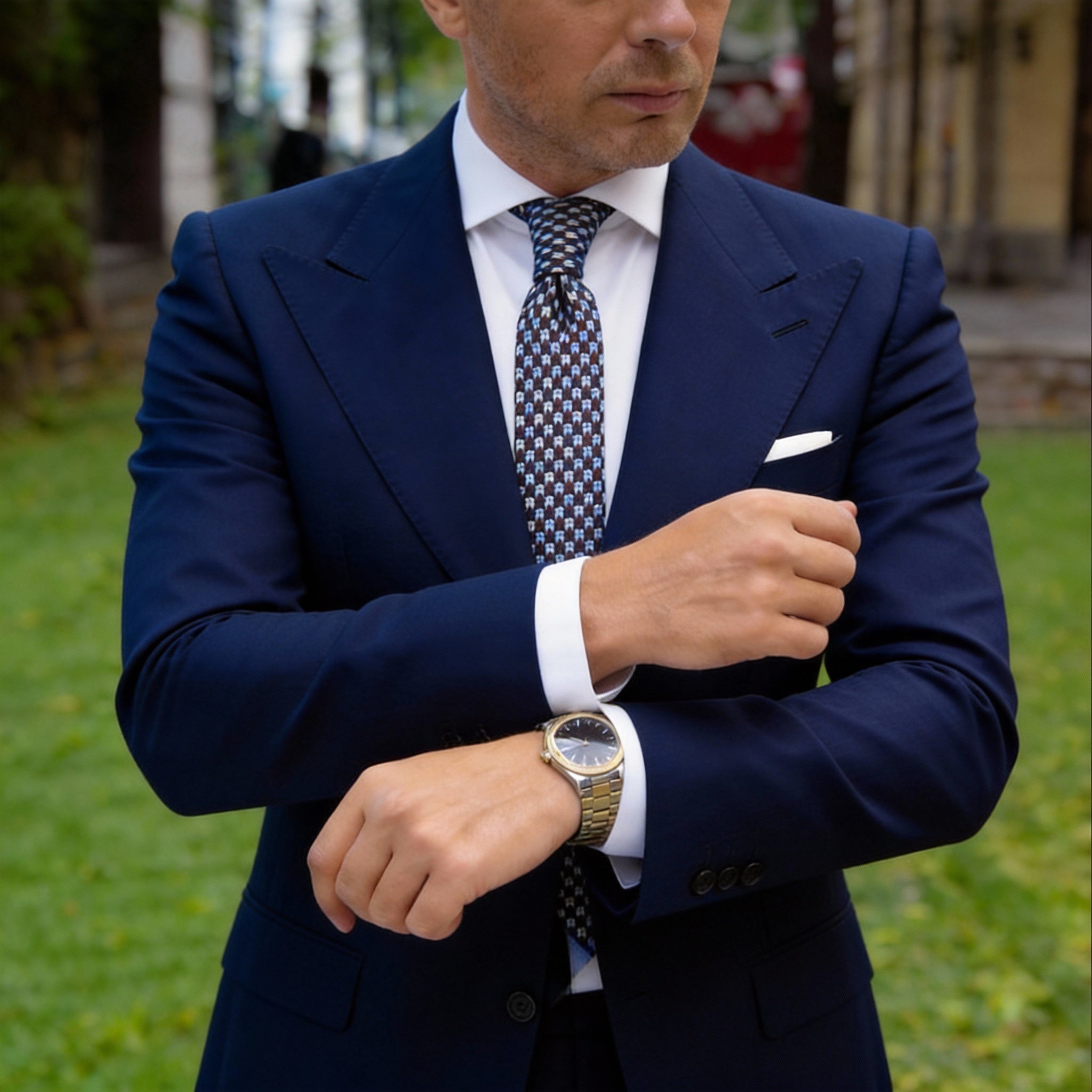 Dark Brown with Blue & White Houndstooth Necktie