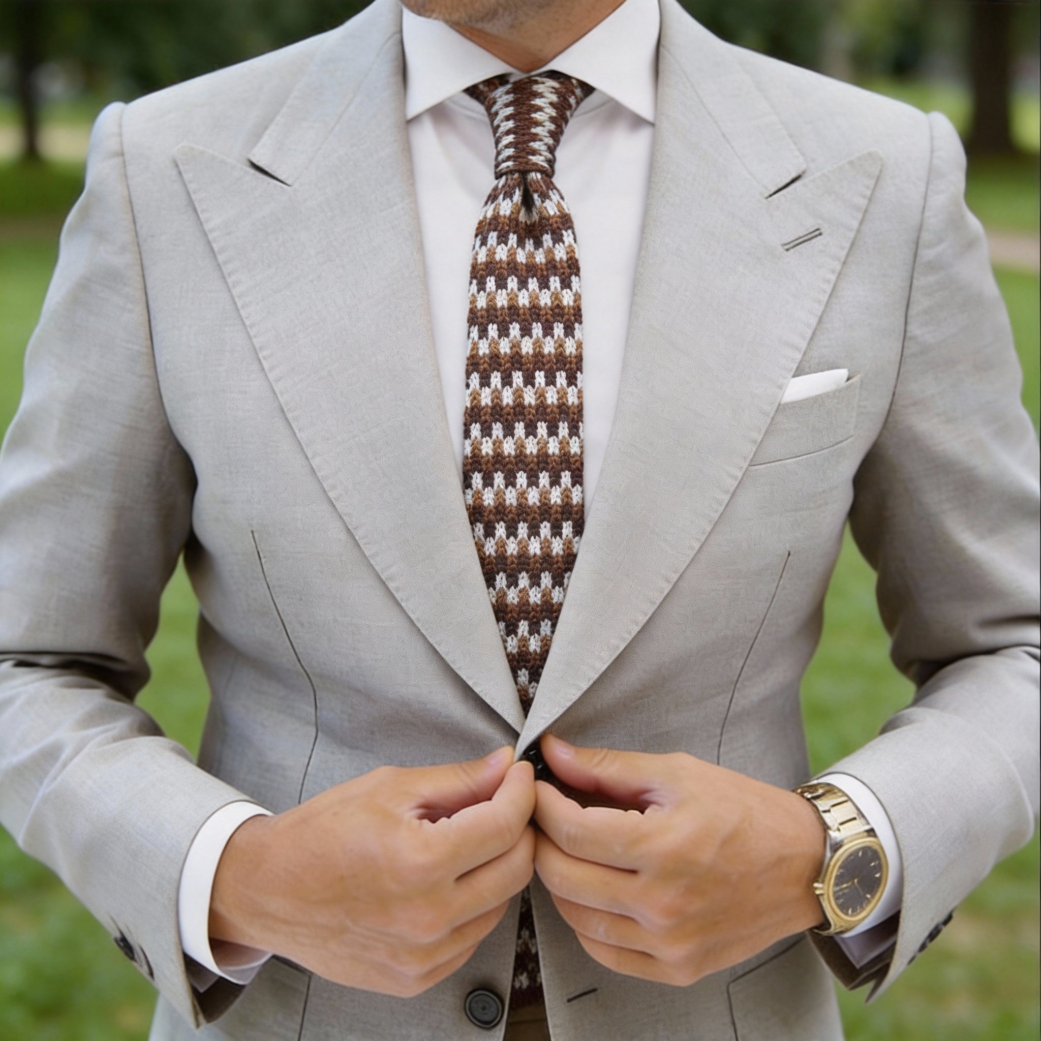 Brown with White & Tan Checkered Knitted Necktie