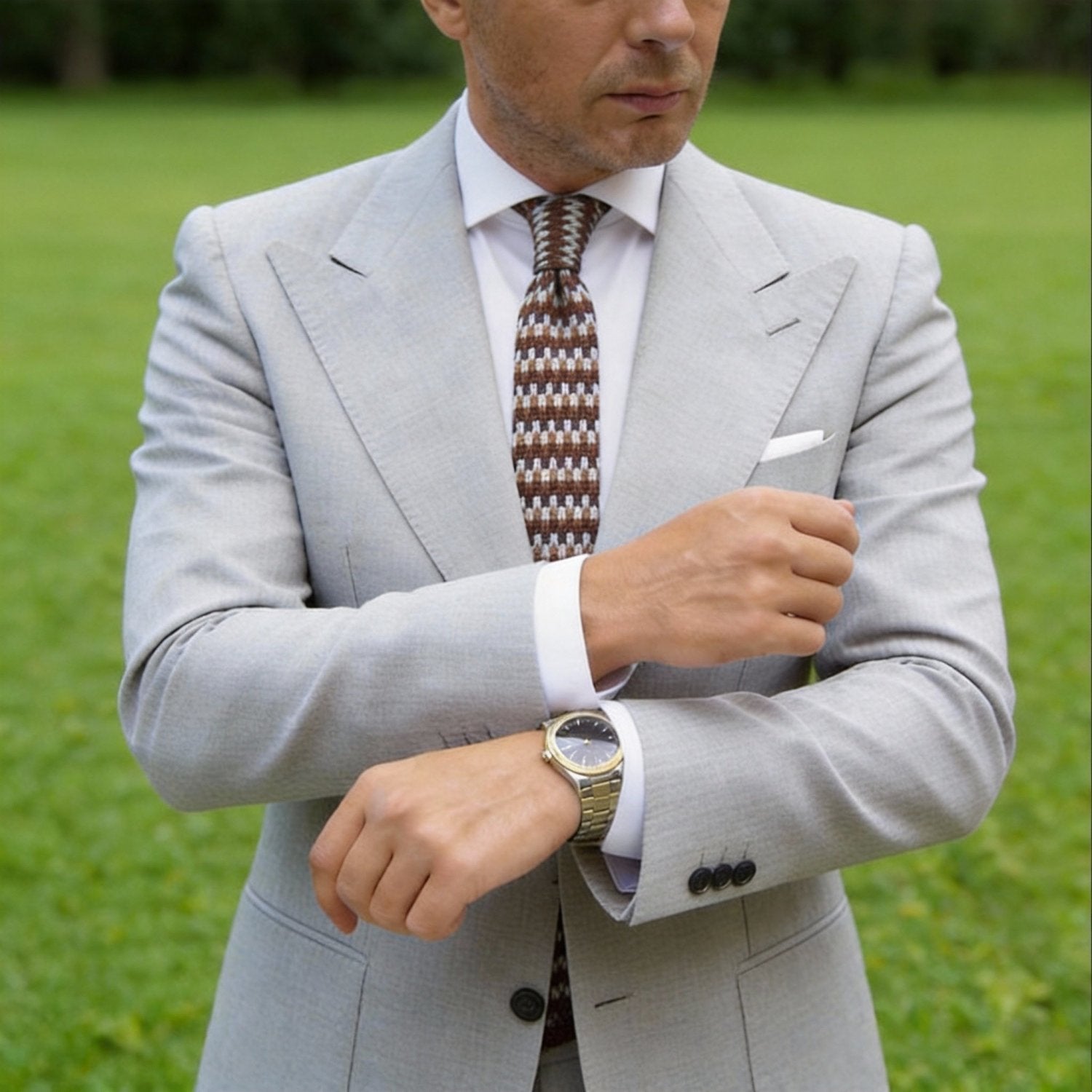 Brown with White & Tan Checkered Knitted Necktie