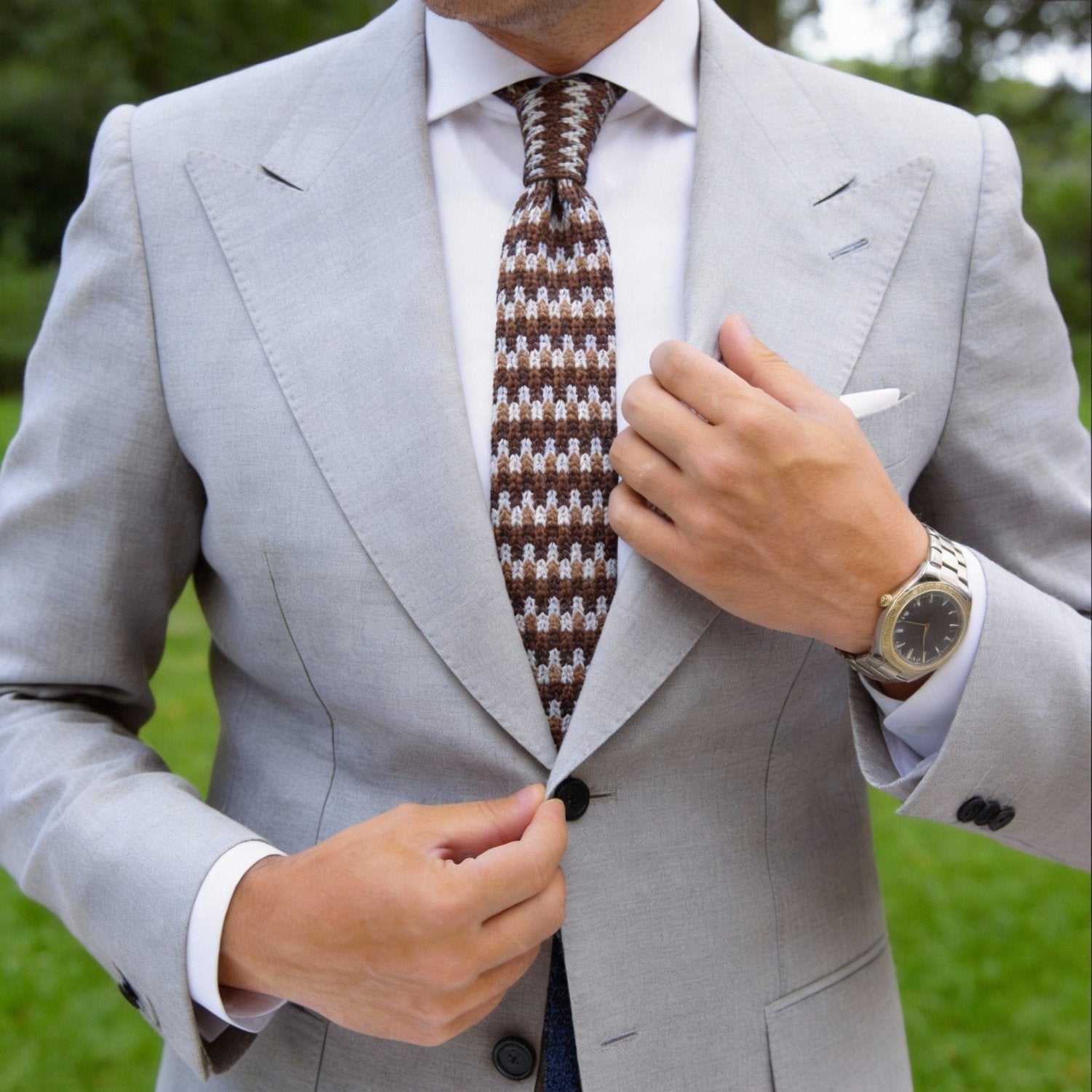 Brown with White & Tan Checkered Knitted Necktie
