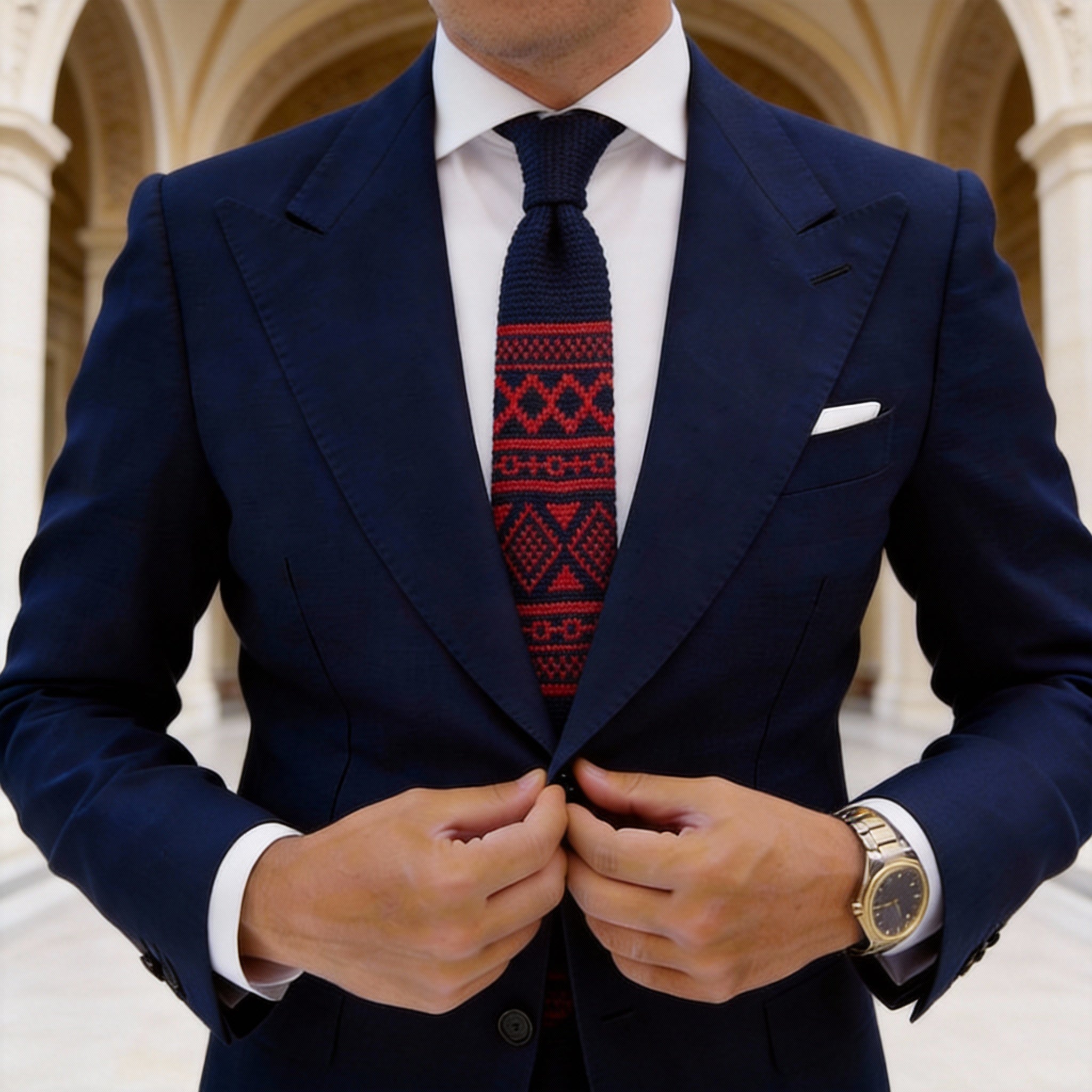 Navy Blue with Red Ethnic Geometric Necktie