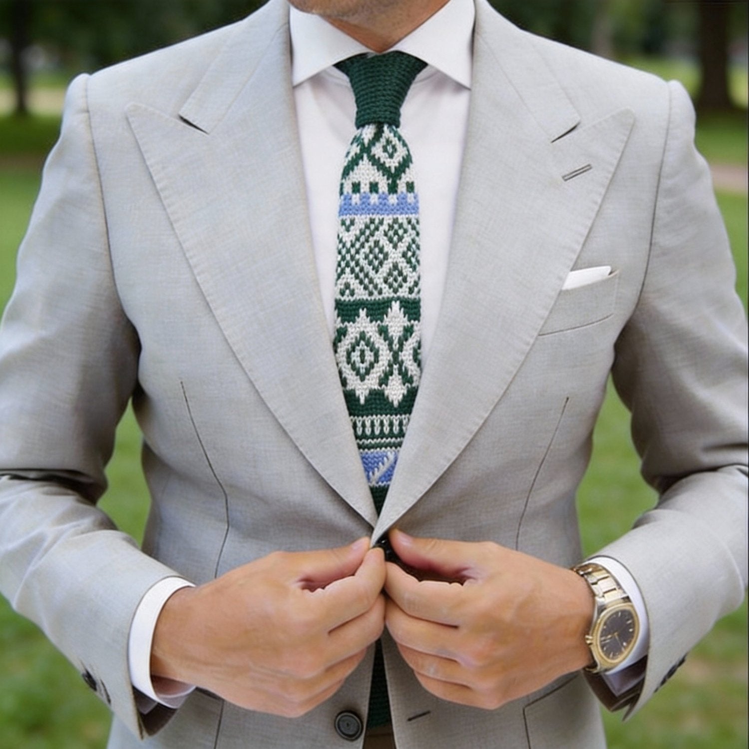 Dark Green with White-Blue Fair Isle Necktie