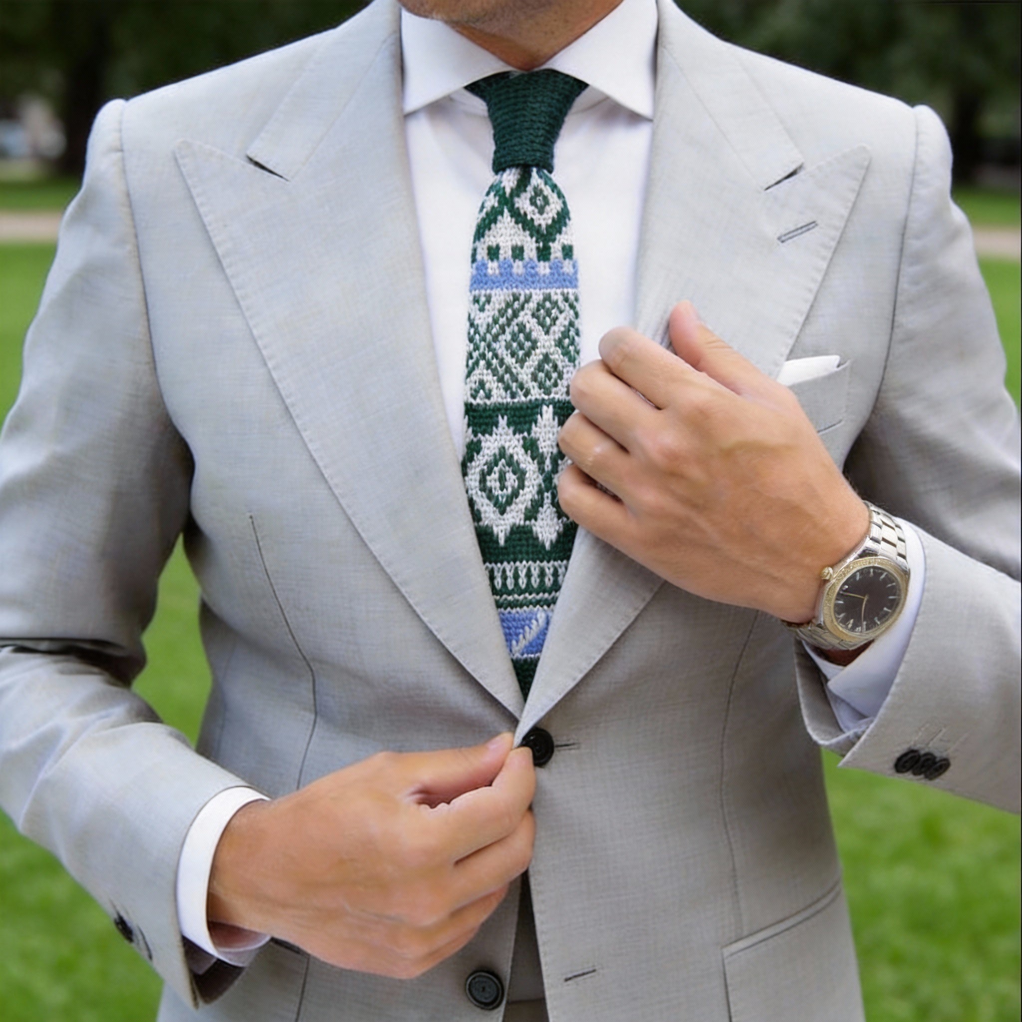 Dark Green with White-Blue Fair Isle Necktie