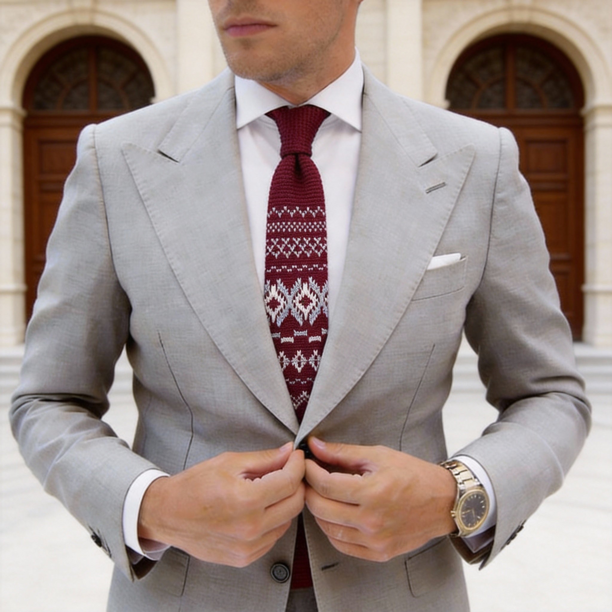 Burgundy With White & Light Gray Geometric Necktie
