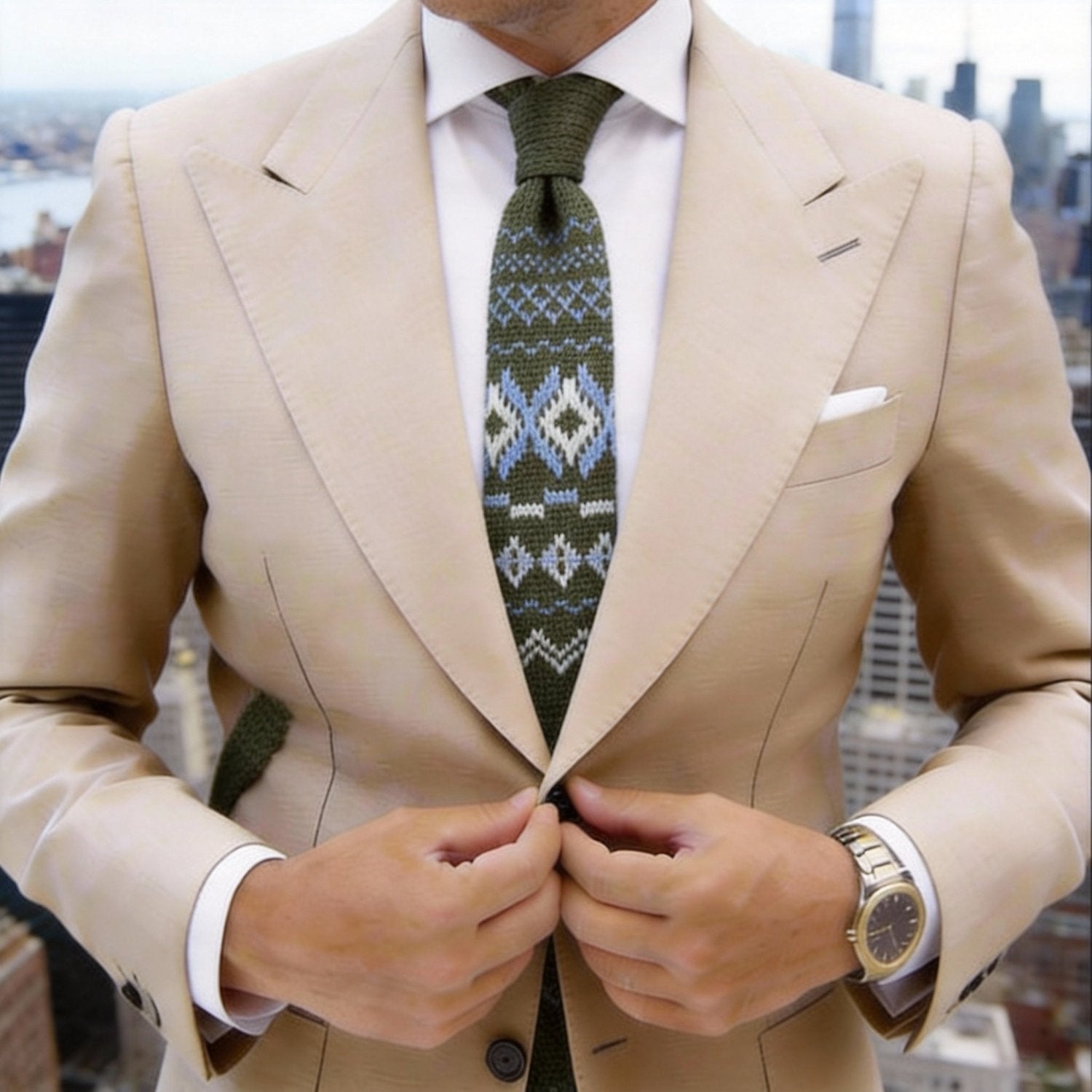 Olive Green With White & Light Blue Geometric Necktie