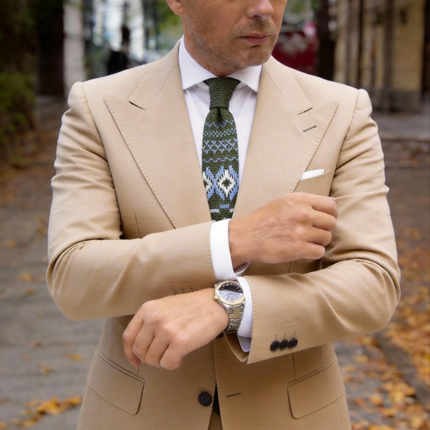 Olive Green With White & Light Blue Geometric Necktie