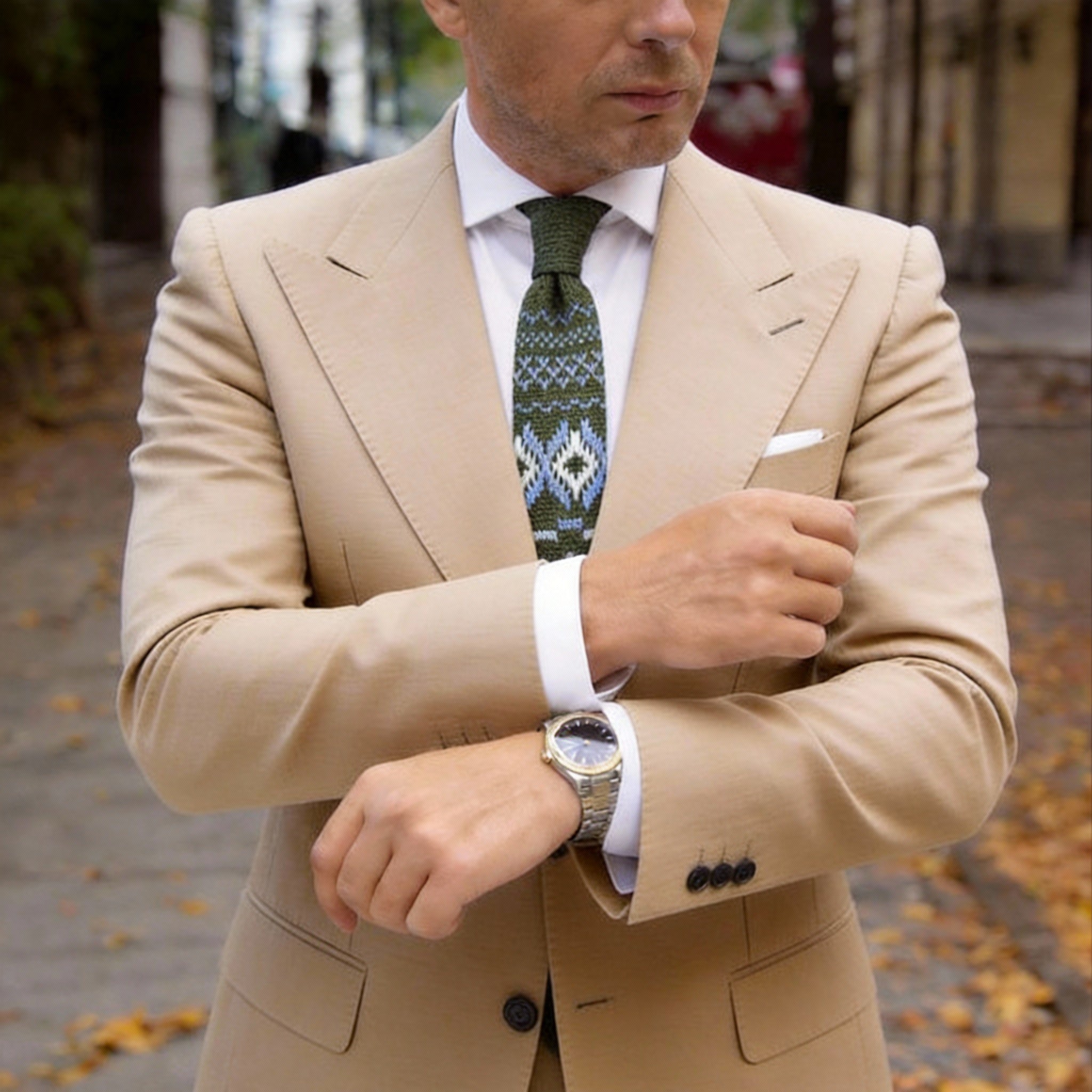 Olive Green With White & Light Blue Geometric Necktie