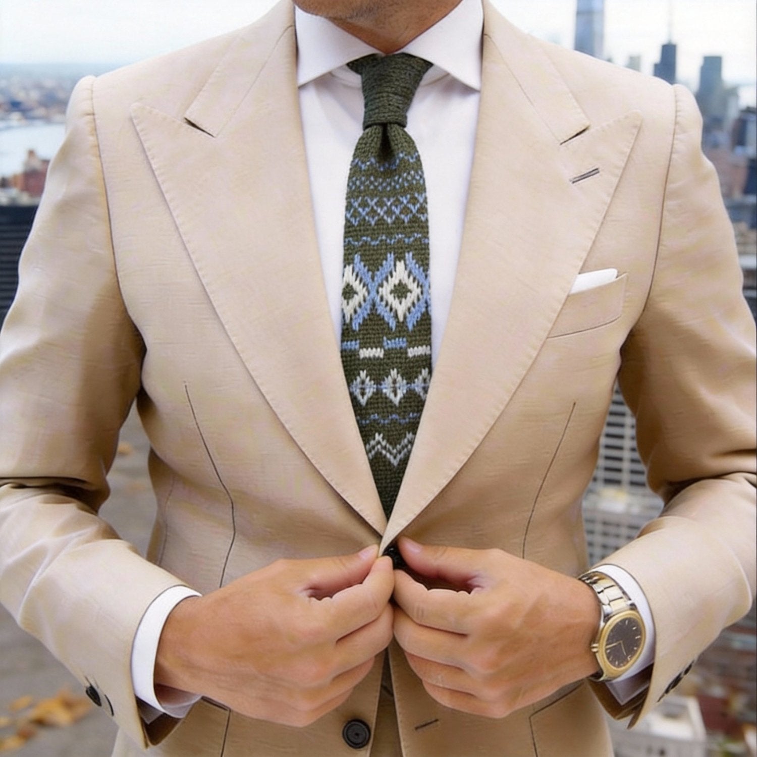 Olive Green With White & Light Blue Geometric Necktie