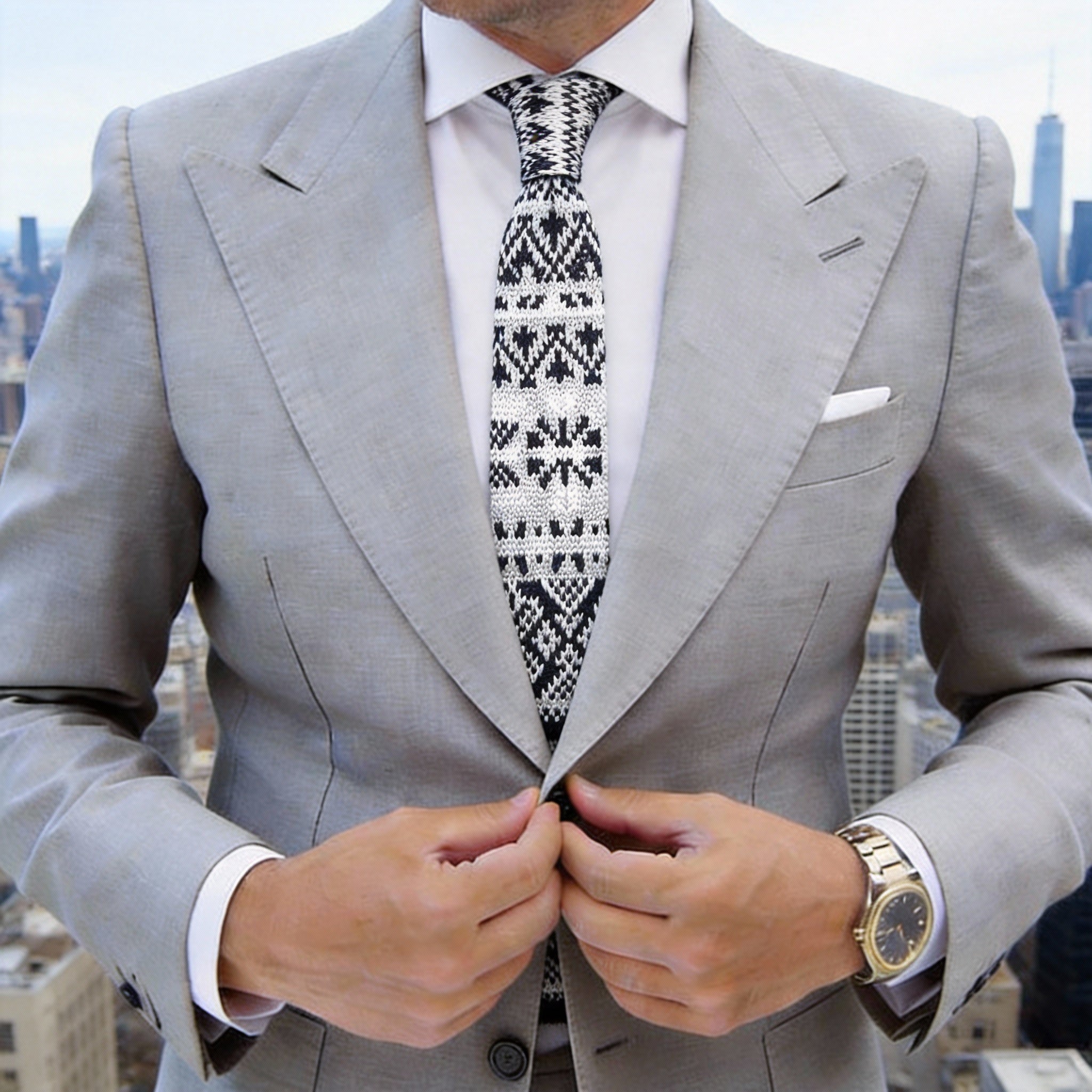 White with Navy Blue Snowflake & Geometric Knitted Necktie
