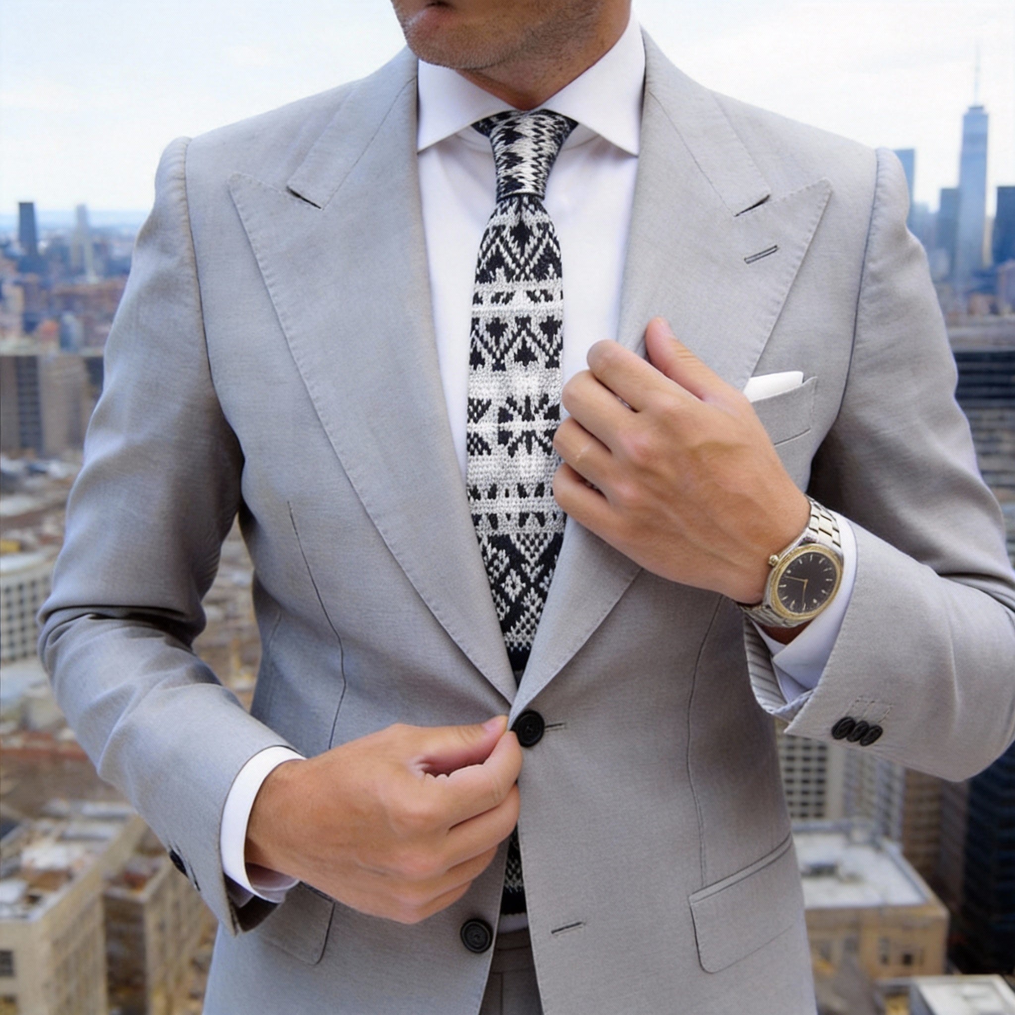 White with Navy Blue Snowflake & Geometric Knitted Necktie