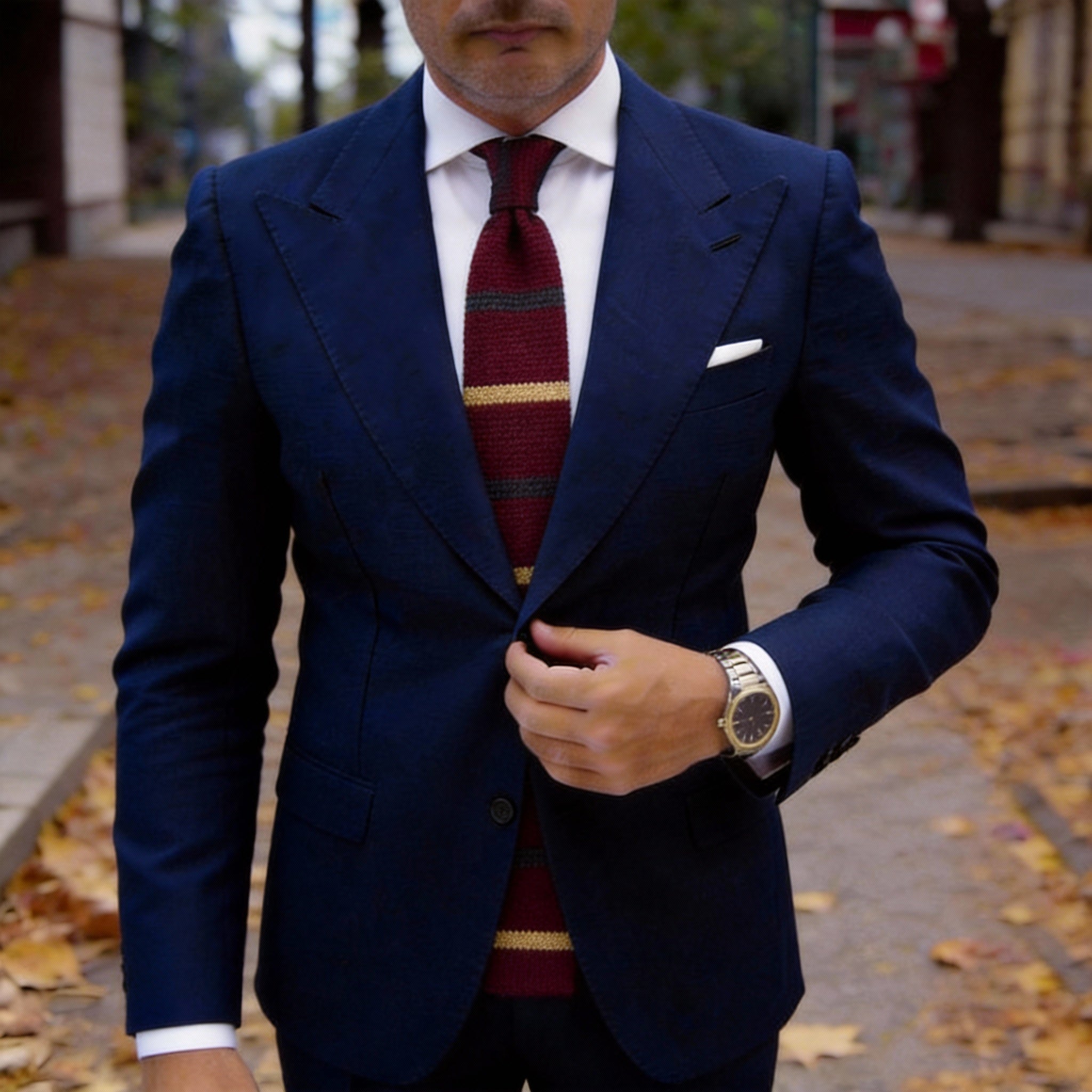Burgundy with Gold & Gray Striped Necktie