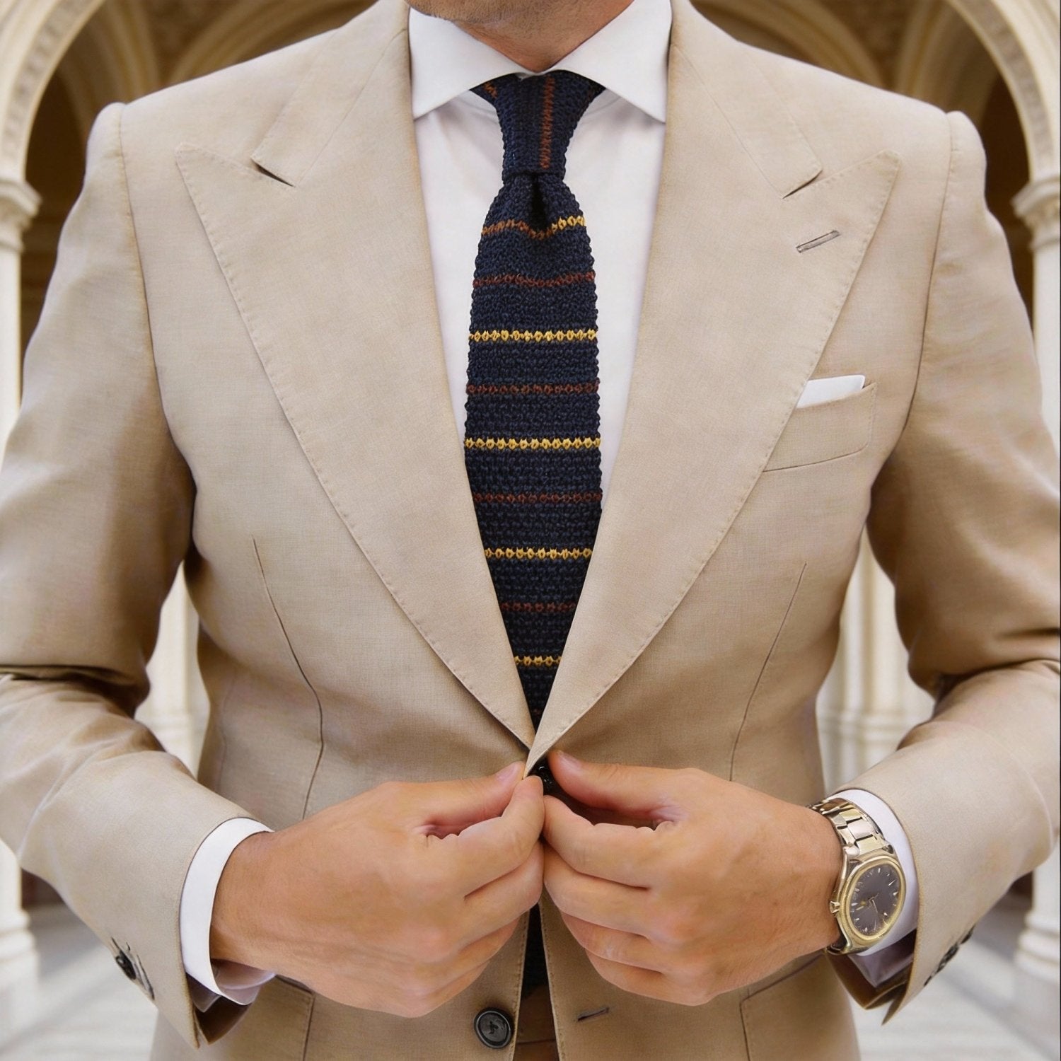 Navy Blue with Yellow & Brown Striped Knitted Necktie