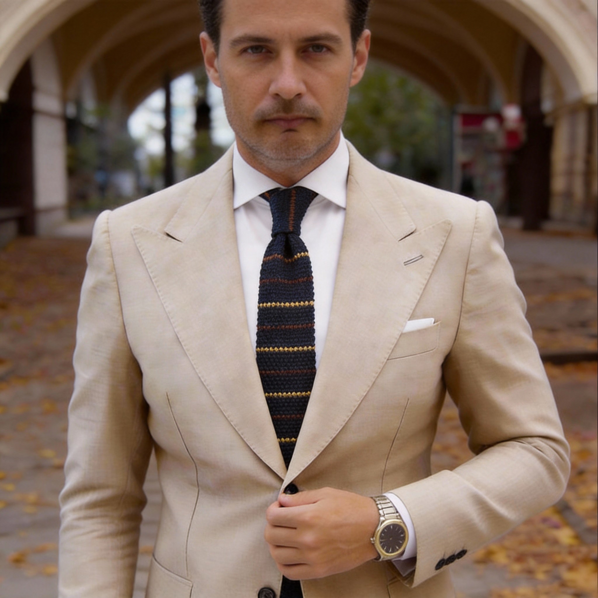 Navy Blue with Yellow & Brown Striped Knitted Necktie