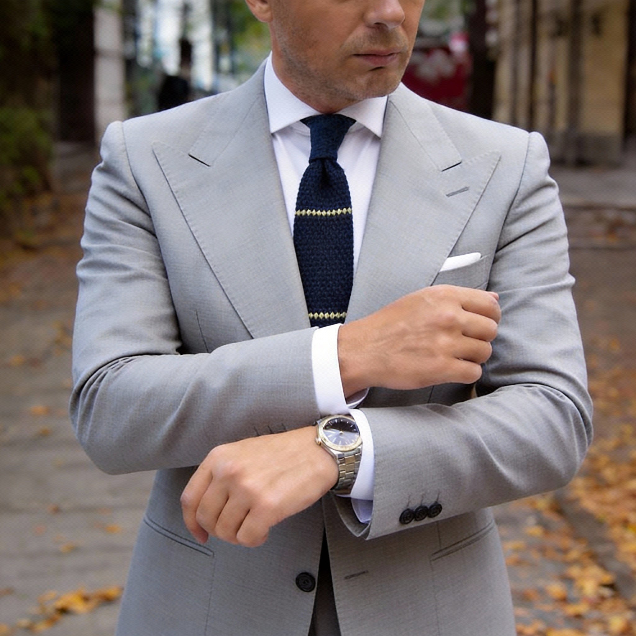 Navy Blue with Pale Yellow-Green Horizontal Stripes Necktie