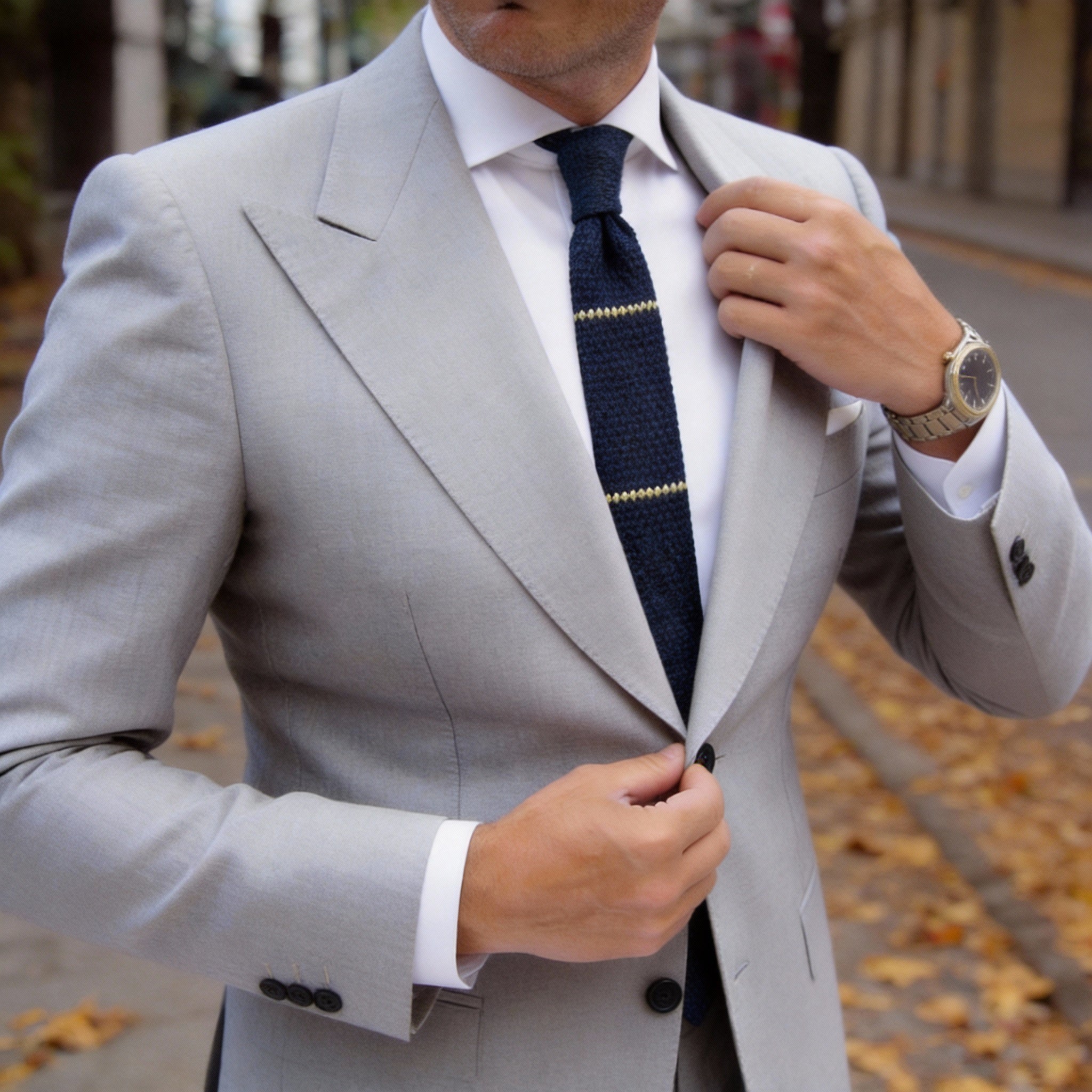 Navy Blue with Pale Yellow-Green Horizontal Stripes Necktie
