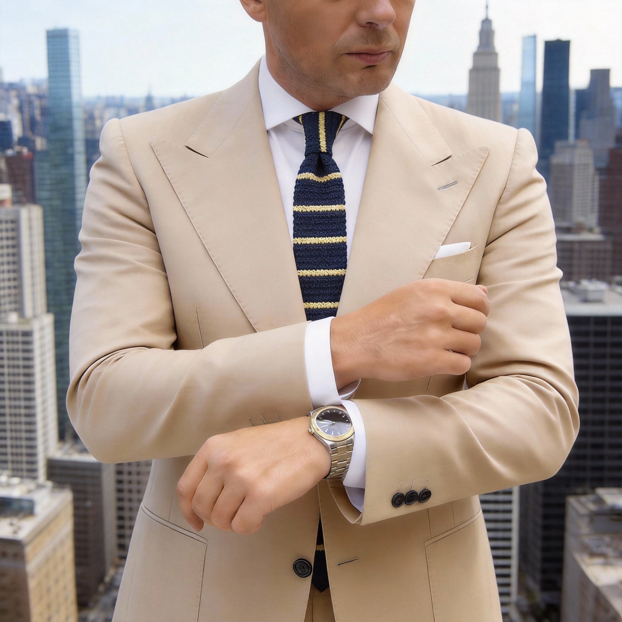 Navy Blue With Light Yellow Horizontal Stripes Necktie