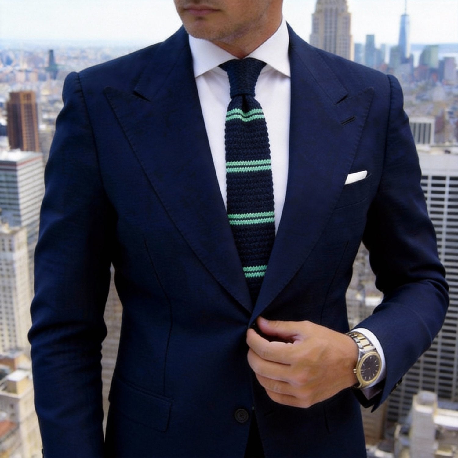 Navy Blue with Light Green Double Stripes Necktie