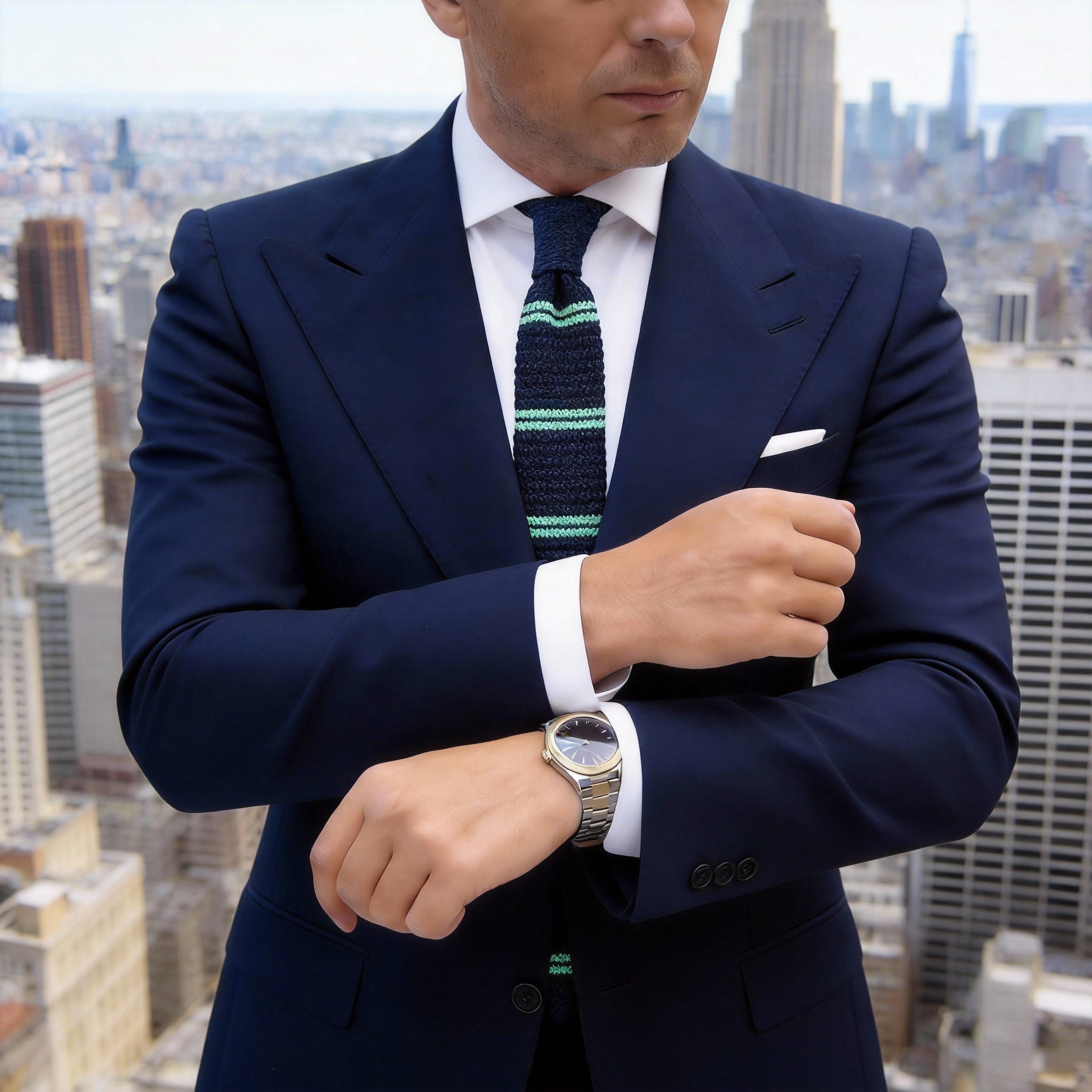 Navy Blue with Light Green Double Stripes Necktie