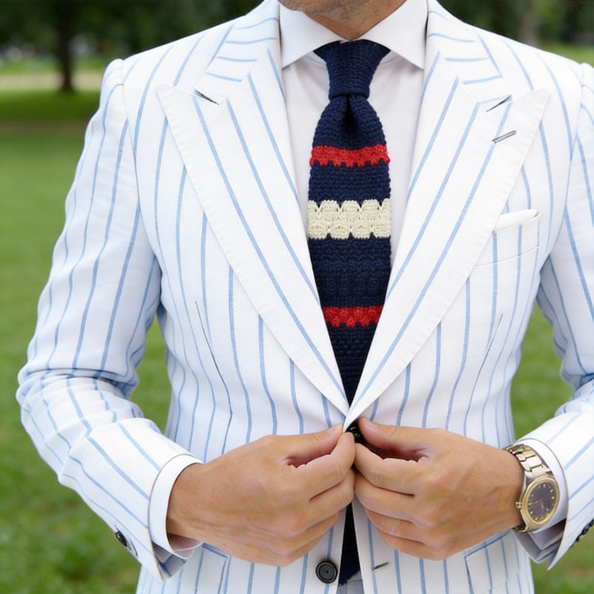 Navy Blue with Red & Off-White Scalloped Stripes Necktie