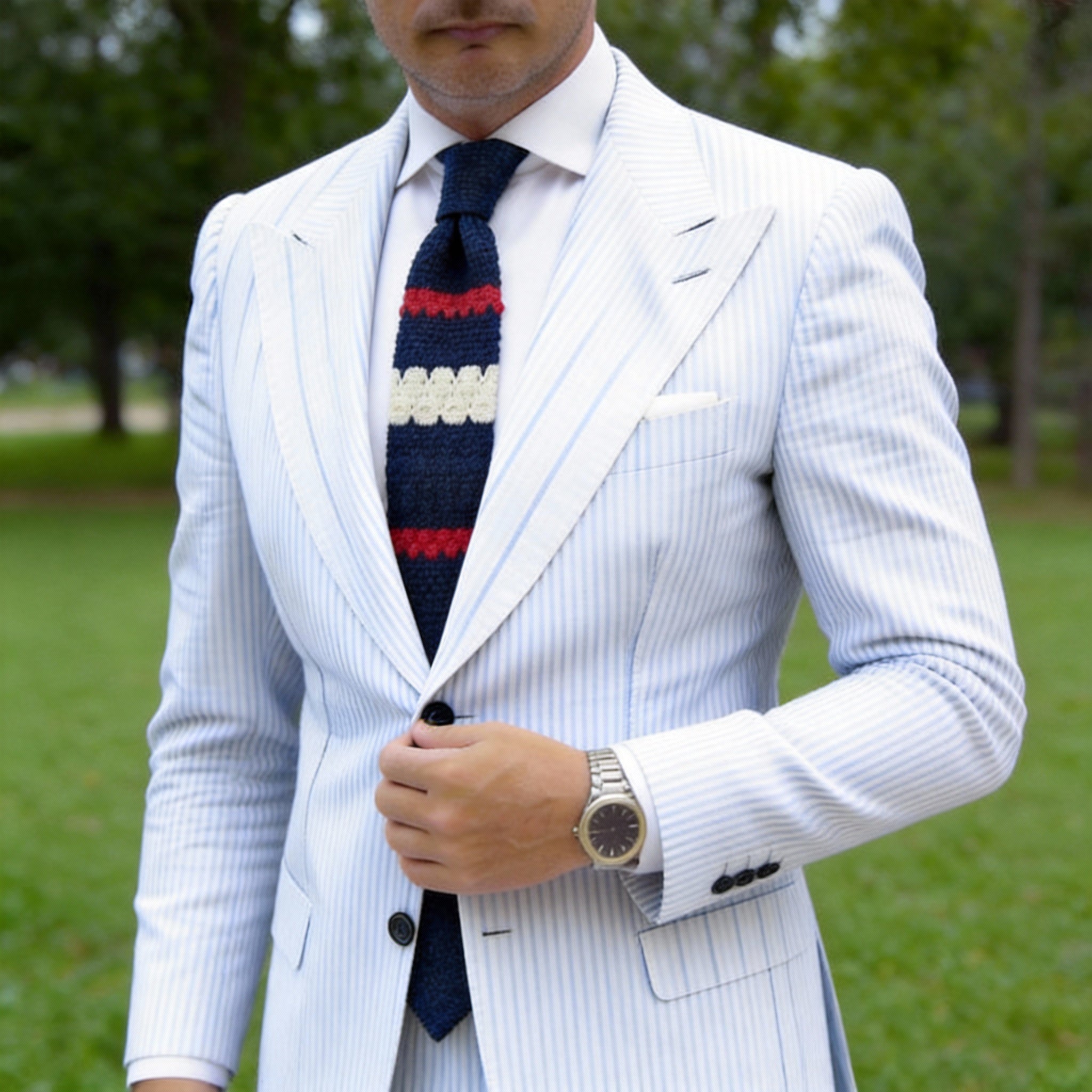 Navy Blue with Red & Off-White Scalloped Stripes Necktie