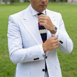 Navy Blue with Red & Off-White Scalloped Stripes Necktie
