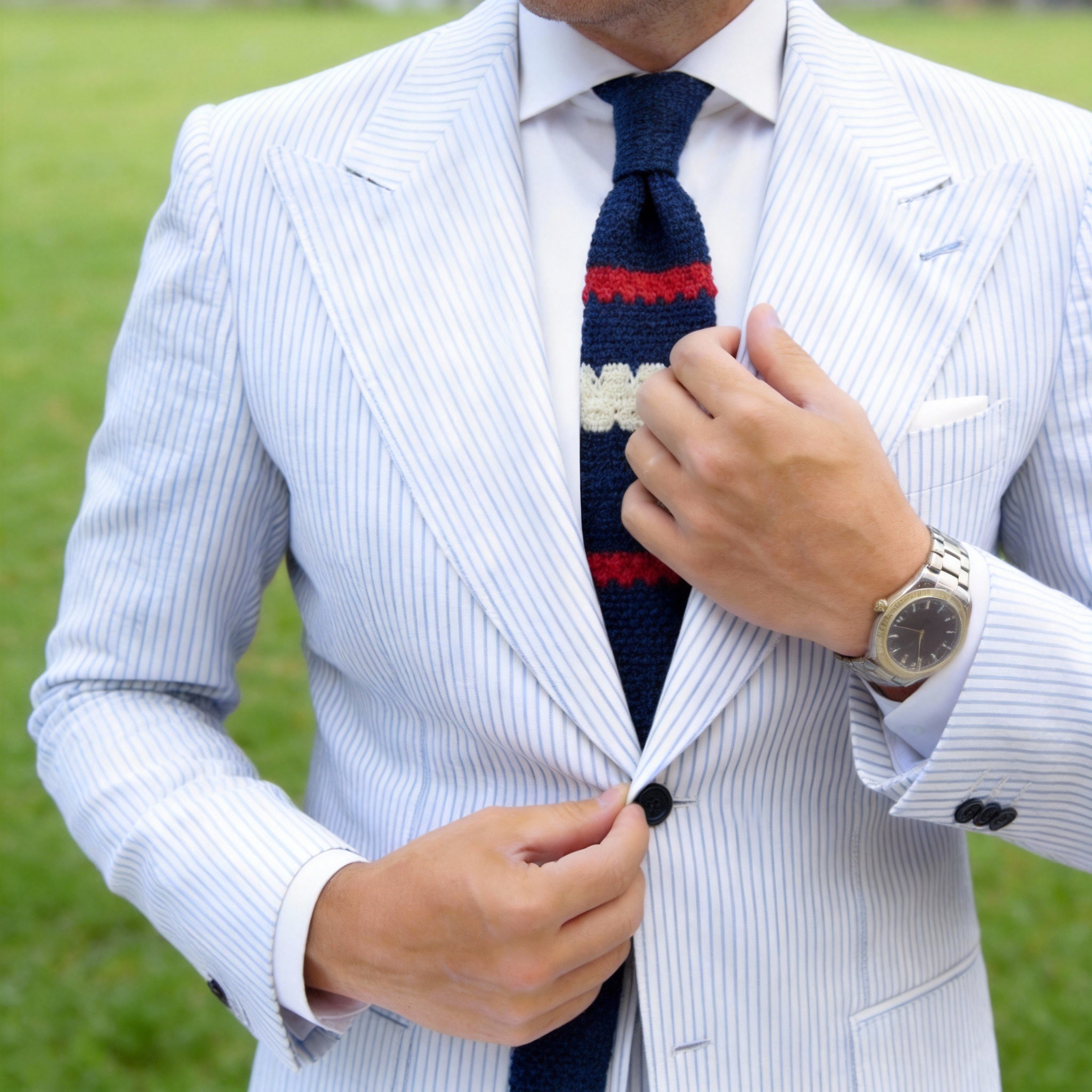 Navy Blue with Red & Off-White Scalloped Stripes Necktie