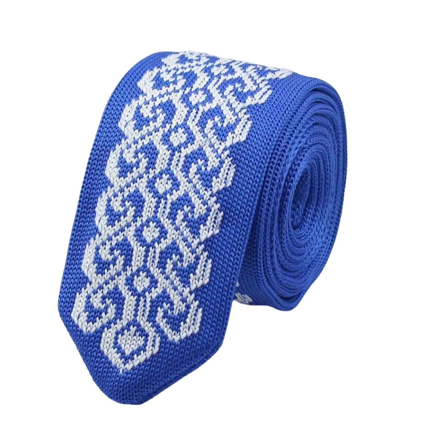 Blue Necktie With White Ornamental Pattern
