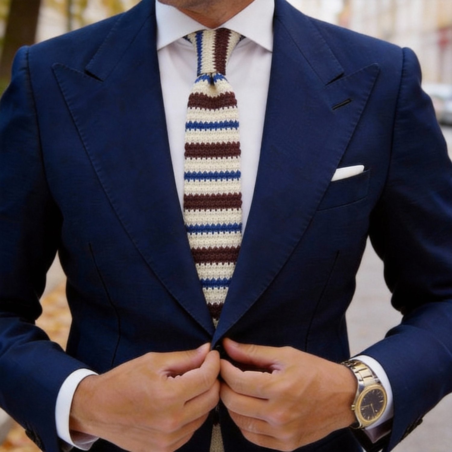Cream with Dark Brown Blue Stripes Necktie